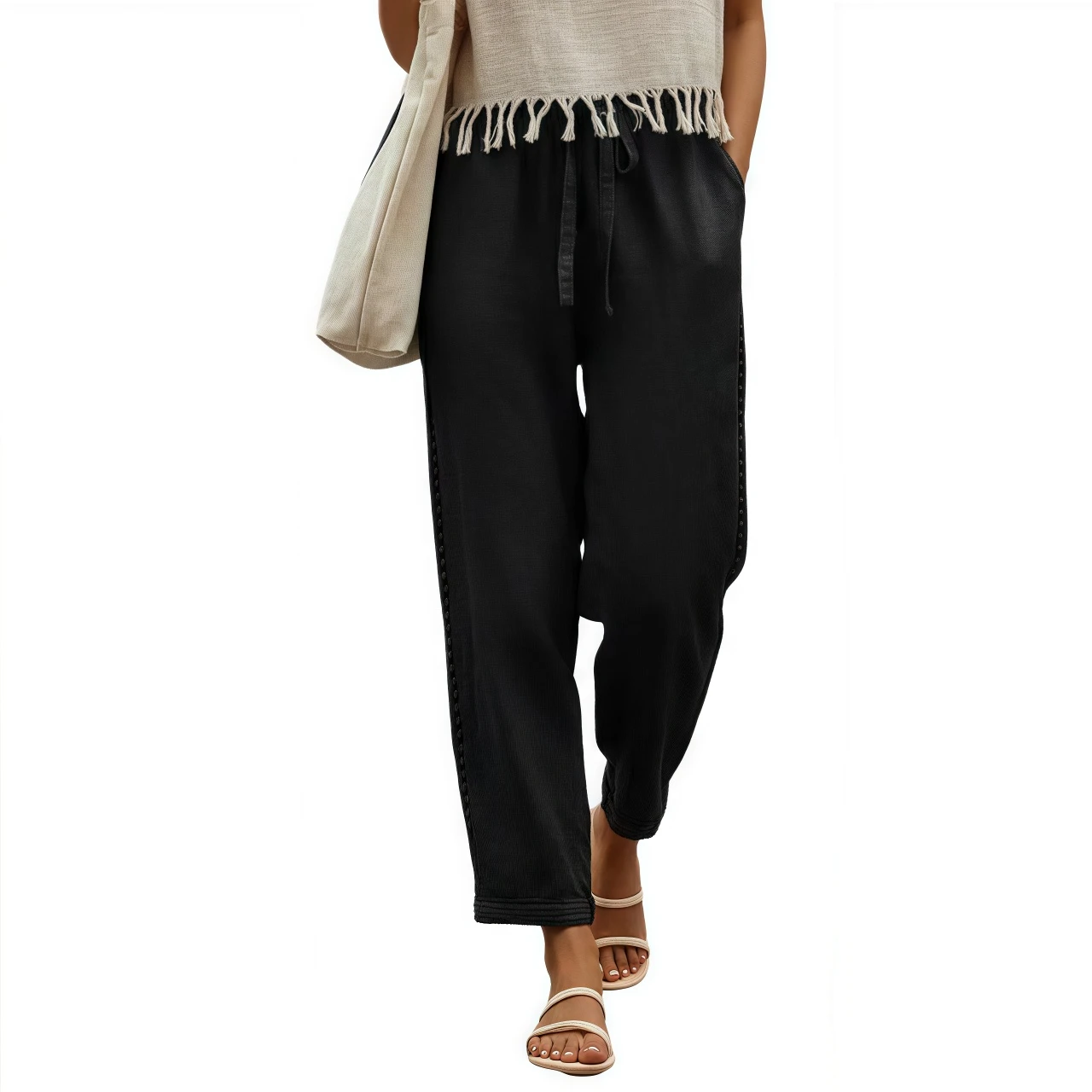 YesFashion Women's Linen Ankle Pants Lightweight Beachwear Elastic Waist Capri with Drawstring