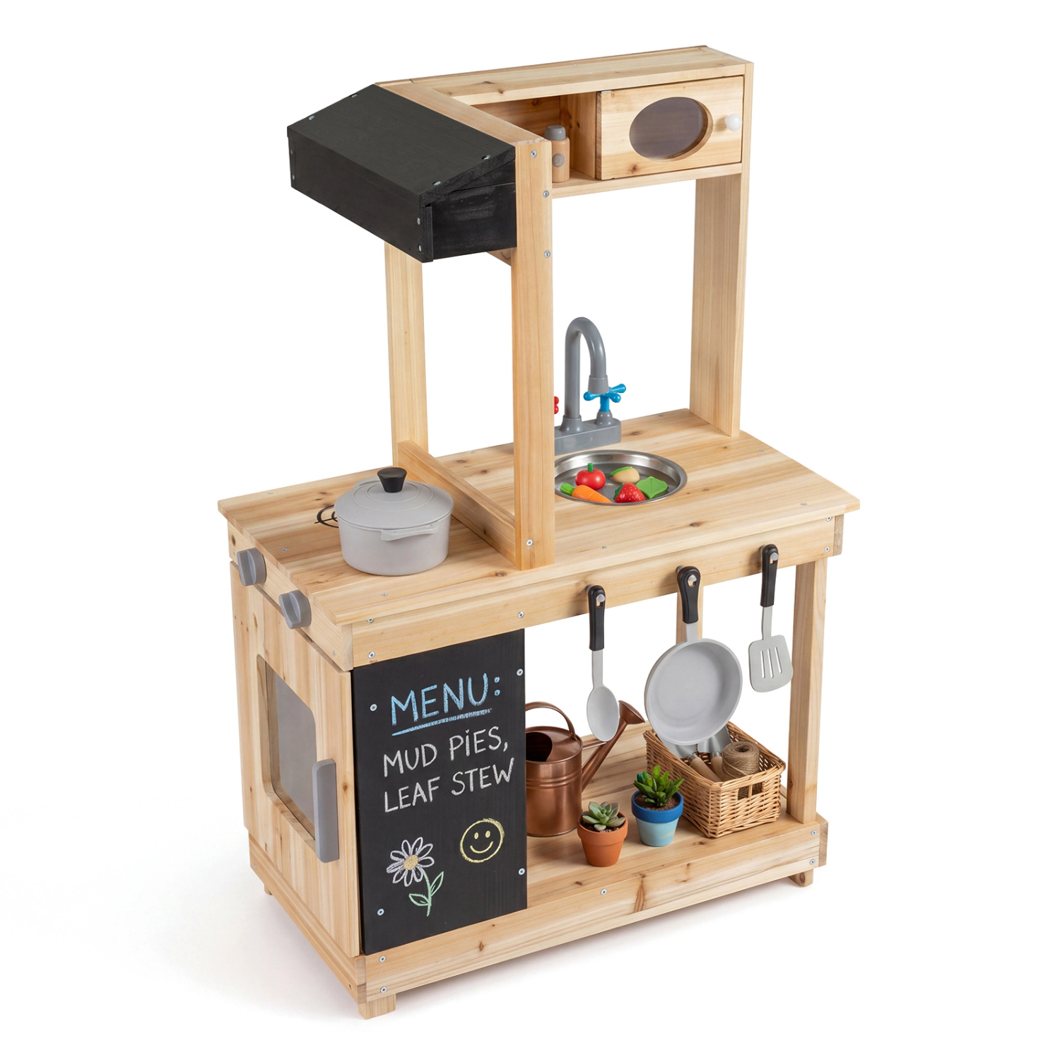 Hivvago Kids Outdoor Wooden Mud Kitchen with Stoves and Chalkboard