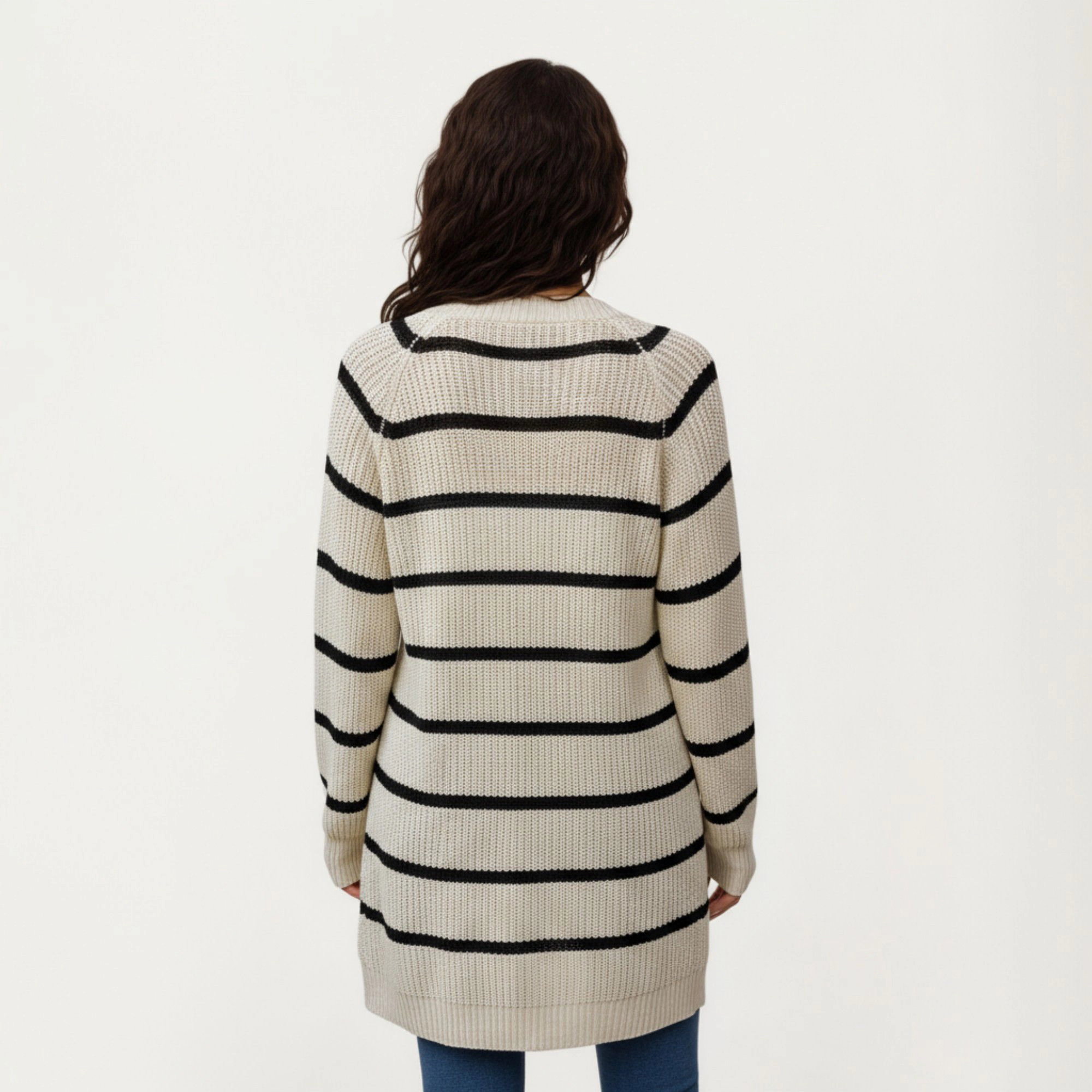 Anna-Kaci Women's Long Sleeve Striped Knit Cardigan with Button Front and Ribbed Trim