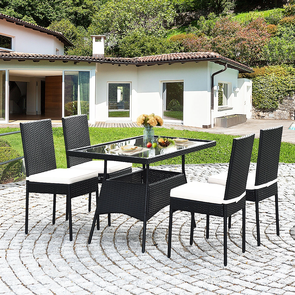LJG 5 Pieces Rattan Dining Set Glass Table High Back Chair