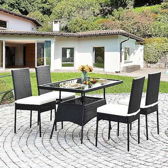 LJG 5 Pieces Rattan Dining Set Glass Table High Back Chair