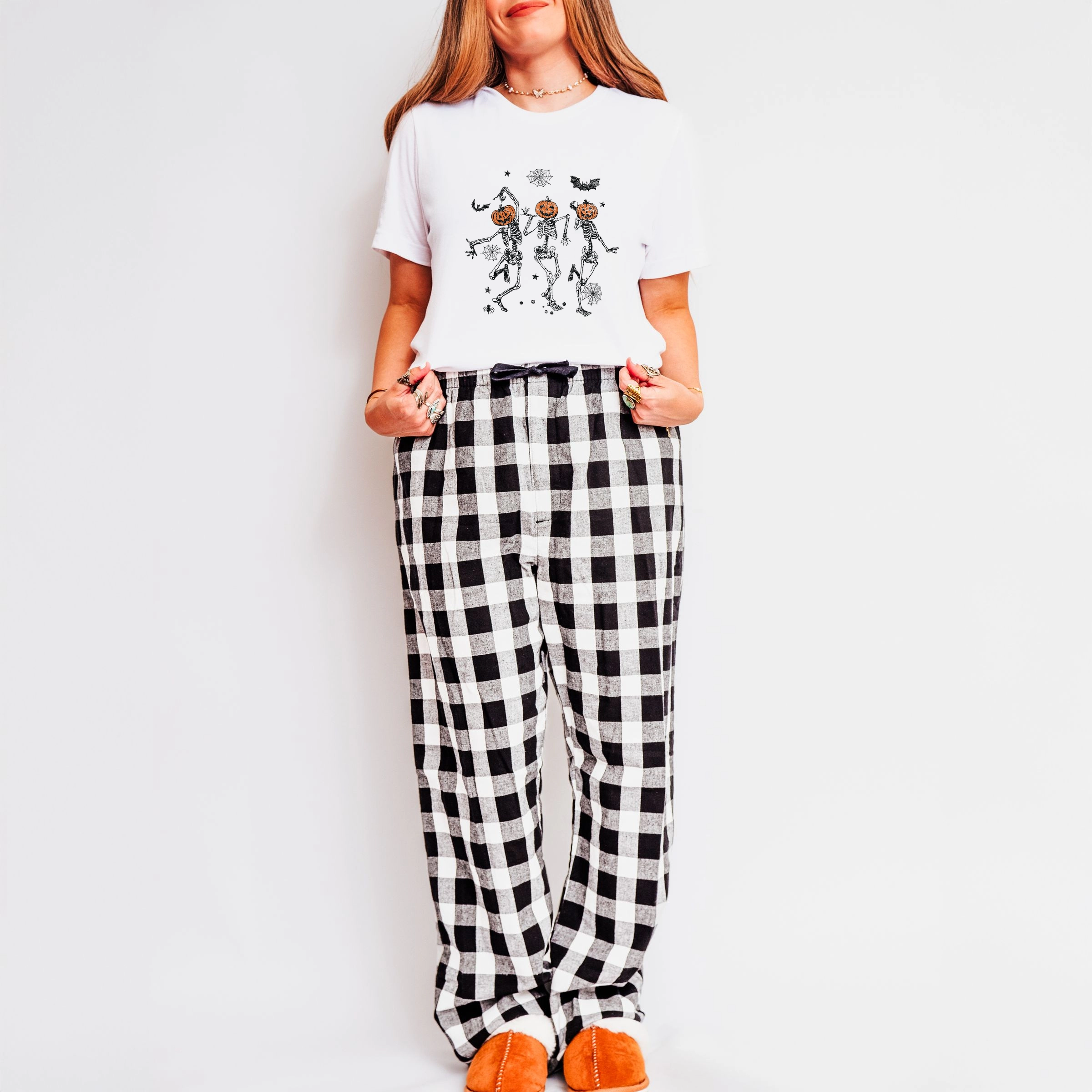 Simply Sage Market - Women's Plaid Pants and Tee Set of 2 Dancing Skeleton Trio