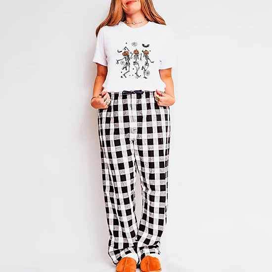 Simply Sage Market - Women's Plaid Pants and Tee Set of 2 - Dancing Skeleton Trio