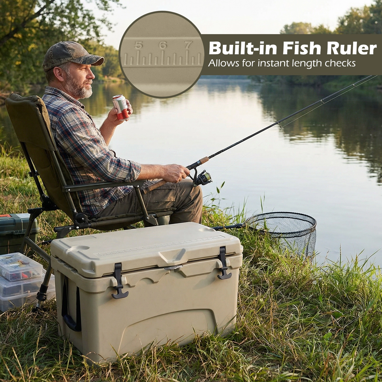 SUGIFT 45-qt Khaki Portable Hard Cooler Ice Chest with 6-Day Ice Retention Built-In Ruler and 2 Cup Holders