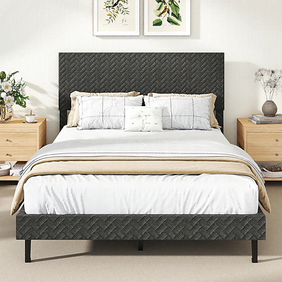 LJG Twin/Full/Queen Size Velvet Bed Frame Upholstered Platform Bed with Chevron Headboard Gray