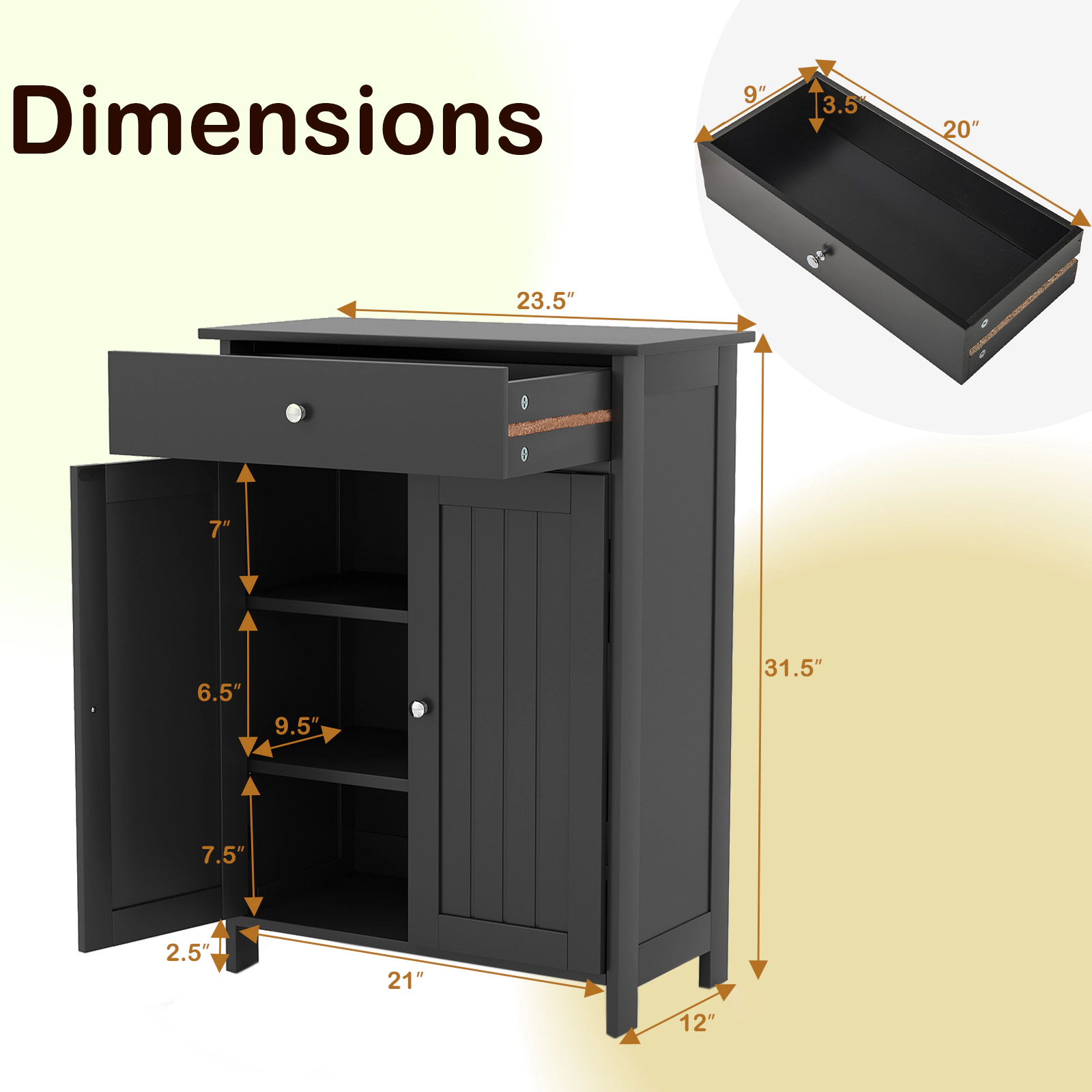 Slickblue Bathroom Floor Storage Cabinet Black MDF 2-Door Drawer Adjustable Shelf