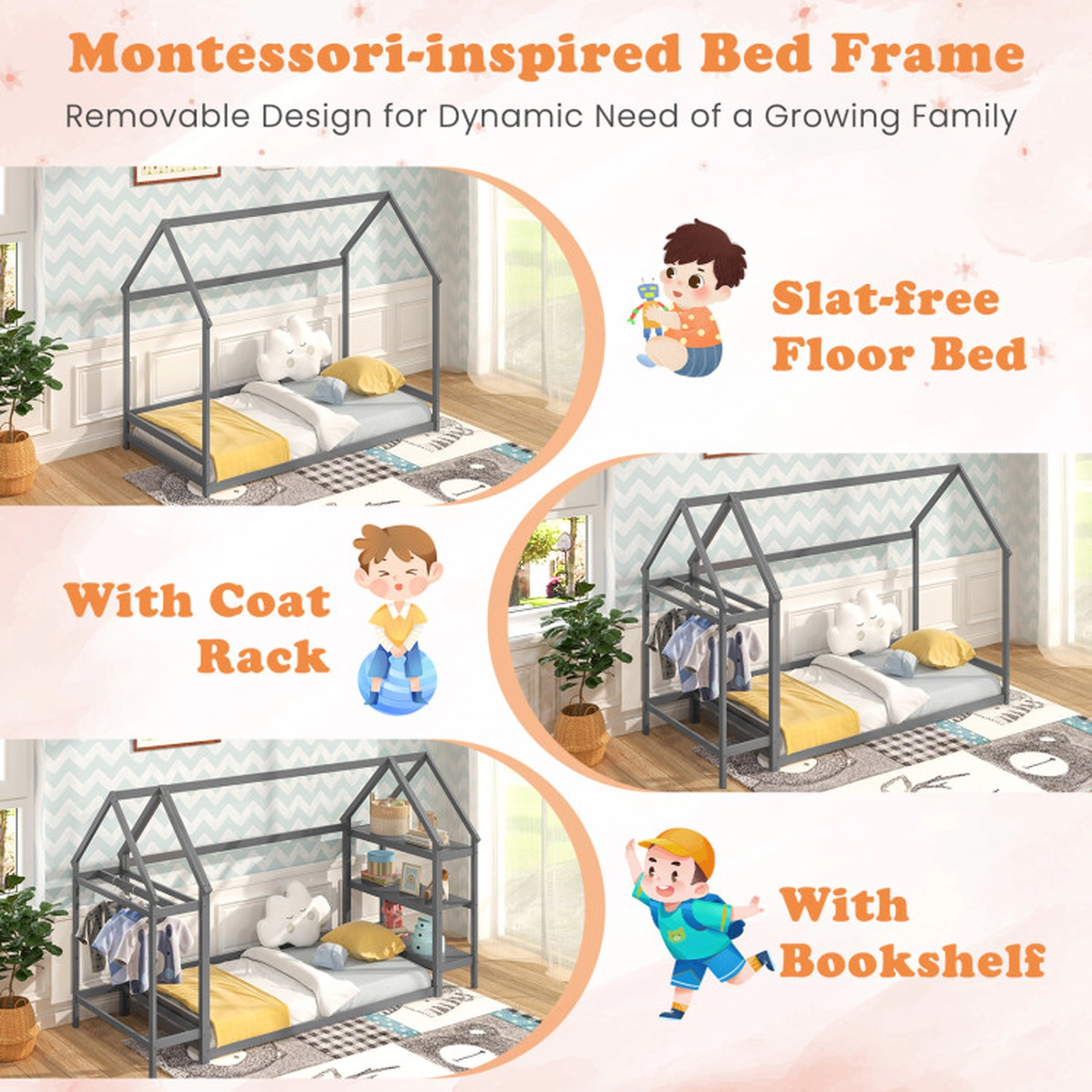 SUGIFT Gray Detachable Storage Shelves and Coat Rack Twin Kids Montessori House Floor Bed
