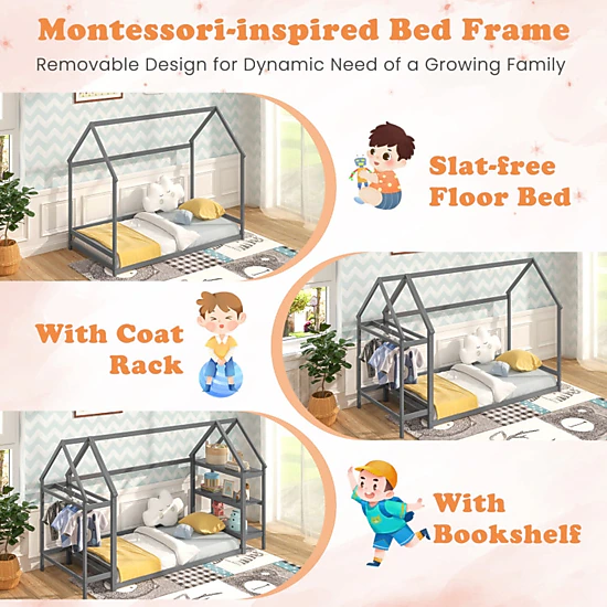 SUGIFT Gray Detachable Storage Shelves and Coat Rack Twin Kids Montessori House Floor Bed