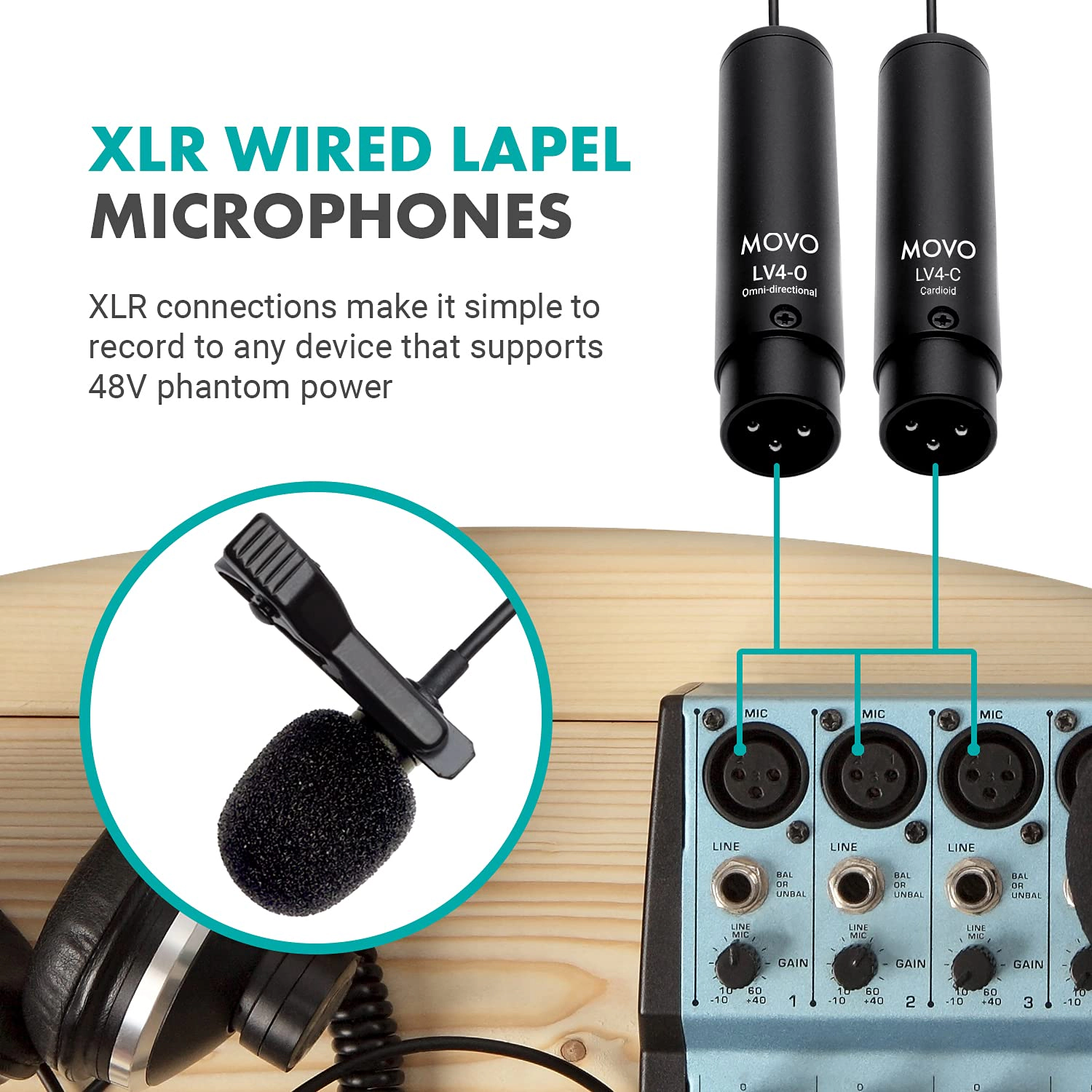 Movo LV4 Phantom Power XLR Lavalier Microphone Interview Kit with Omnidirectional and Cardioid XLR Lapel Mics, Metal