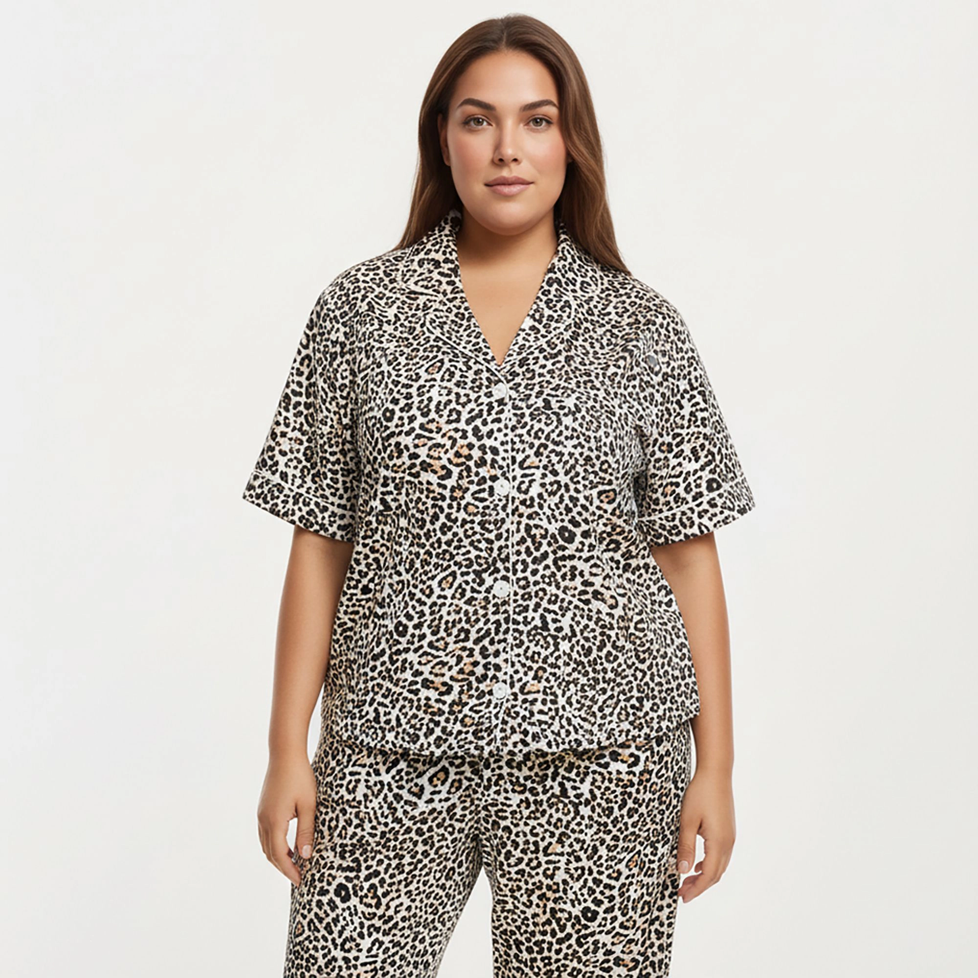 Anna-Kaci Women's Plus Leopard Print Pajama Set Soft Satin Finish Relaxed Button Front Top and Straight Leg Pants