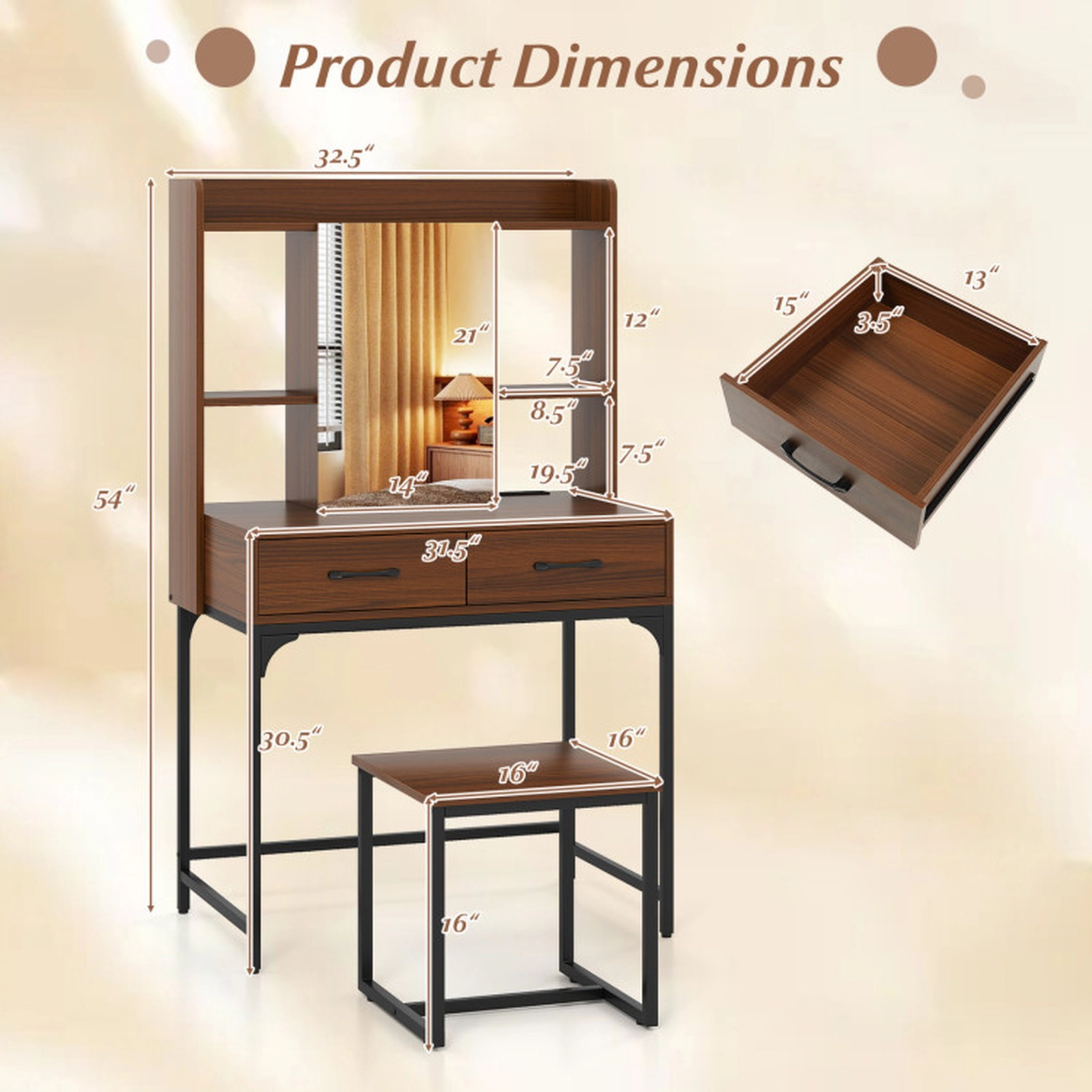 SUGIFT Vanity Desk Mirrored Cabinet, Storage Drawers & Charging Station 44-lb Tabletop Capacity with Stool White/Walnut