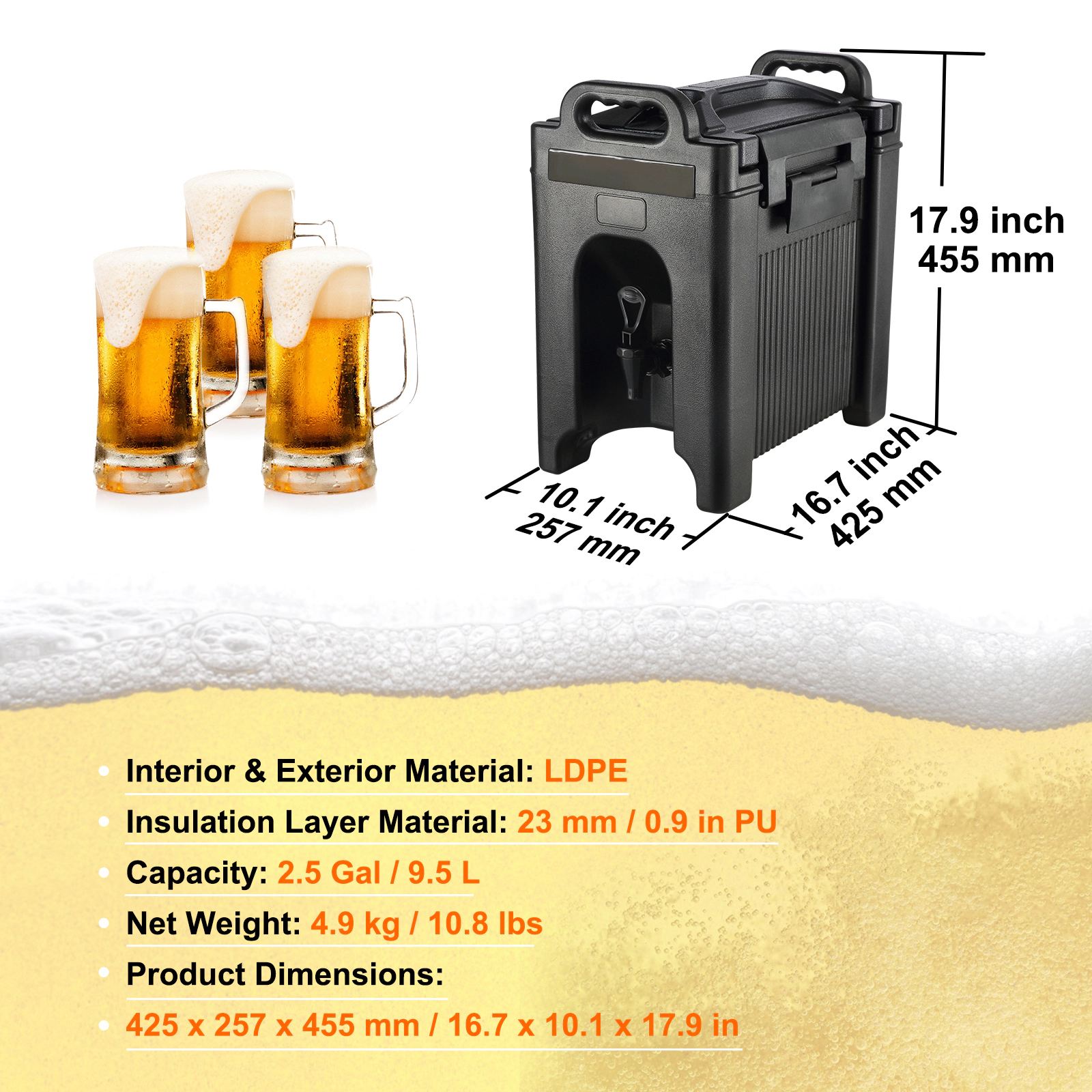 HONGGE Insulated Beverage Dispenser Food-grade LDPE Hot and Cold Beverage Server Thermal Drink Dispenser Cooler with
