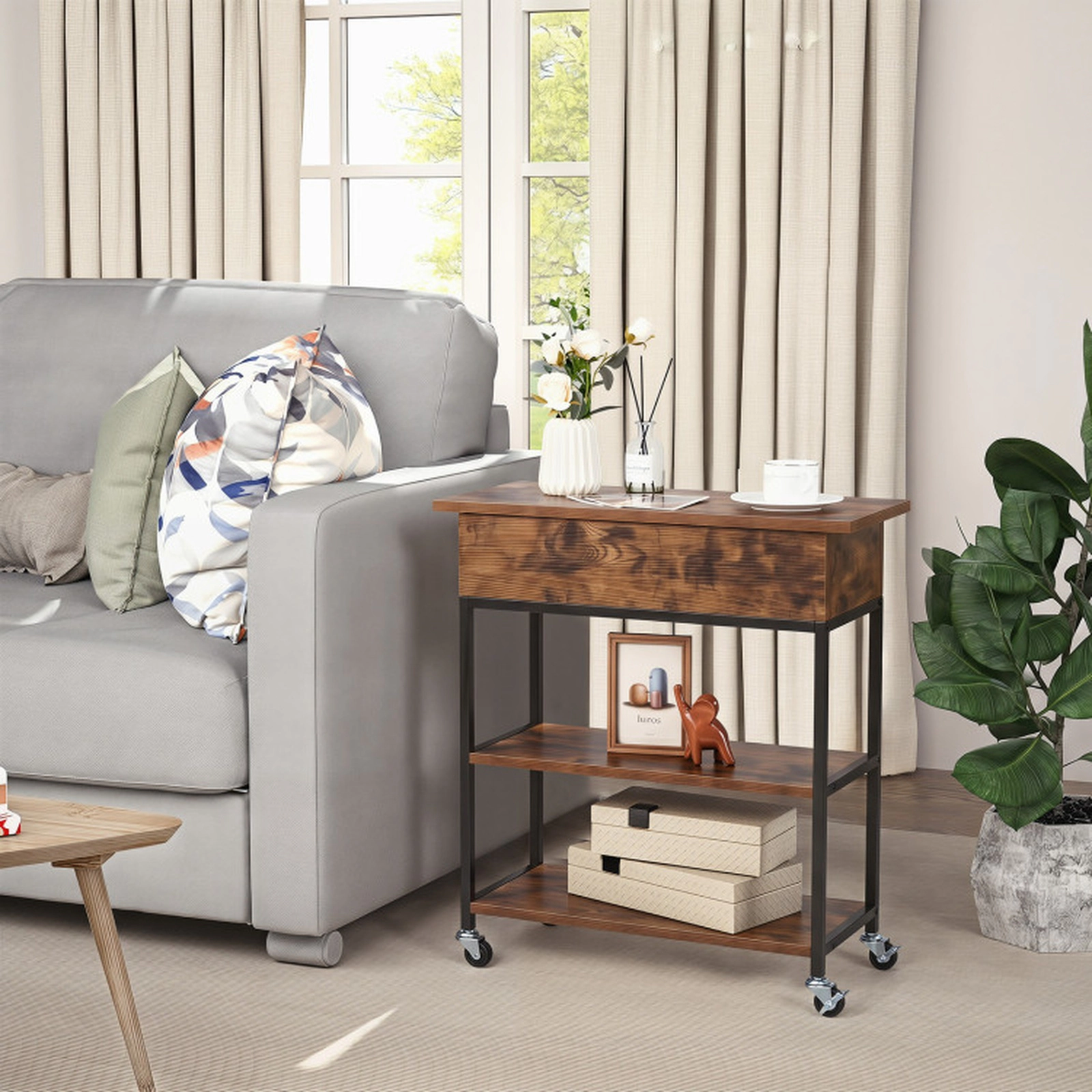 SUGIFT Narrow Lift Top End Table with Charging Station and Wheels 121-lb Capacity Rustic Brown