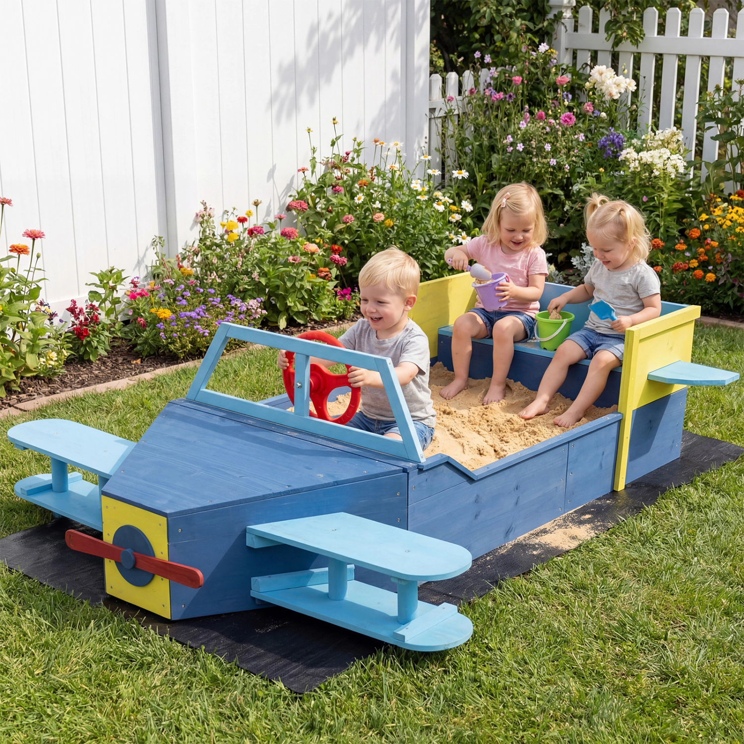 LJG Large Wooden Kids Sandbox with Bottom Liner and Bench Seat