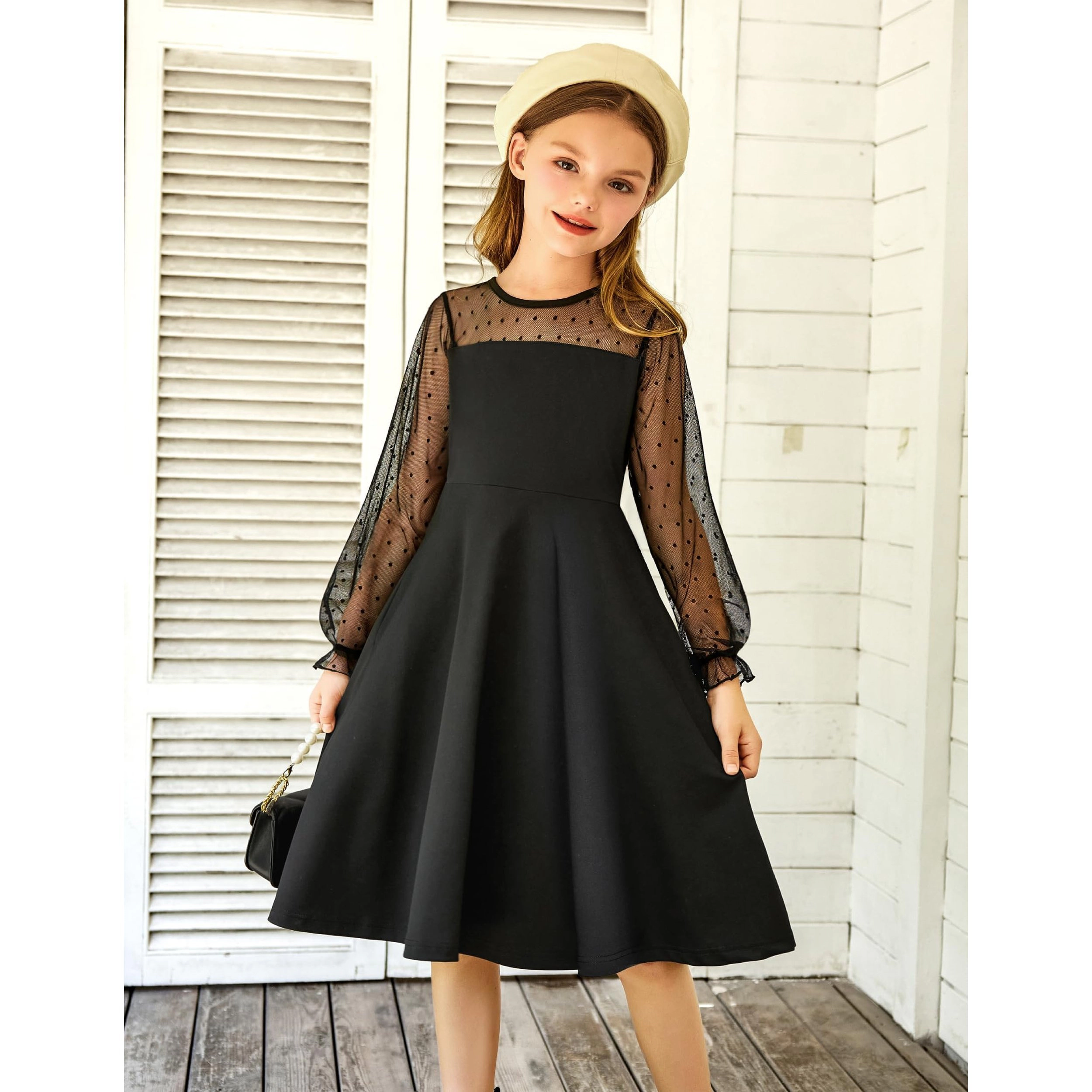 Arshiner Girls Contrast Mesh Puff Long Sleeve High Waist Aline Short Dress With Pockets