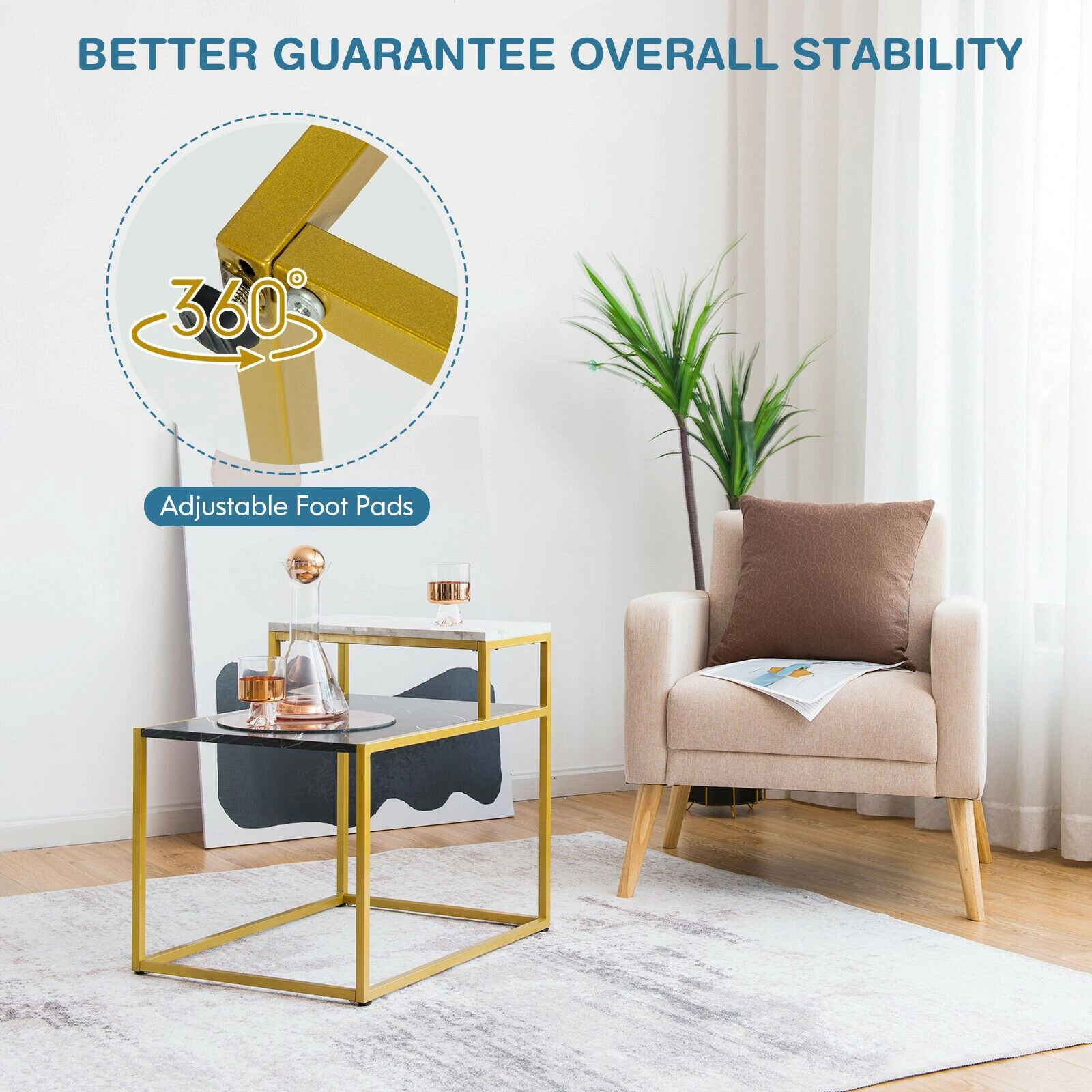 SlickBlue 2 Tier Side Table with Marble Finish and Metal Frame