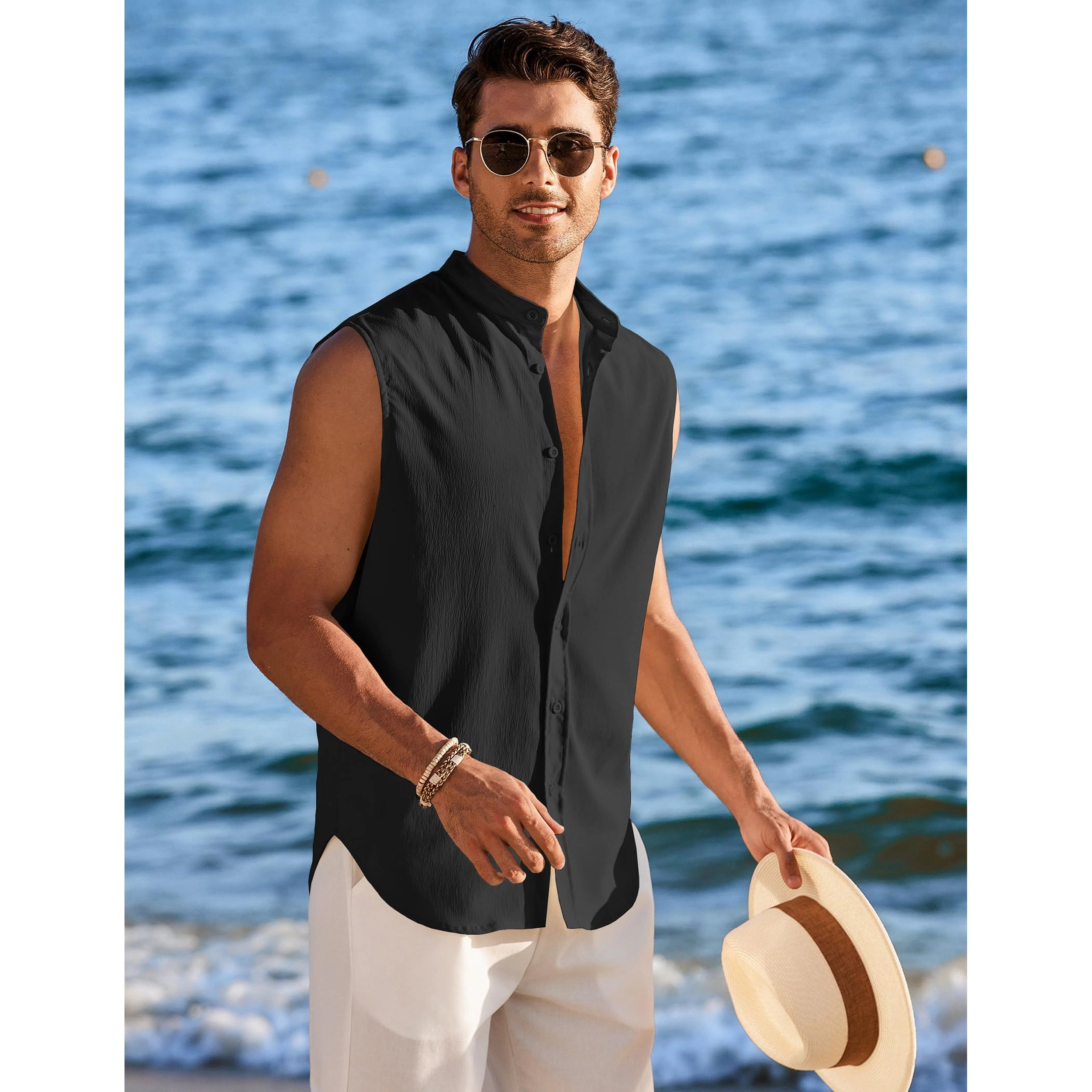 COOFANDY Men's Regular Fit Sleeveless Mock Neck Button Front Shirt