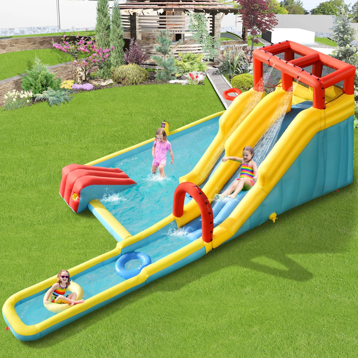 SUGIFT 7-in-1 Inflatable Dual Slide Water Park Bounce House 88.5-in Tall 350-lb Capacity Ages 3-10 With 680W Blower