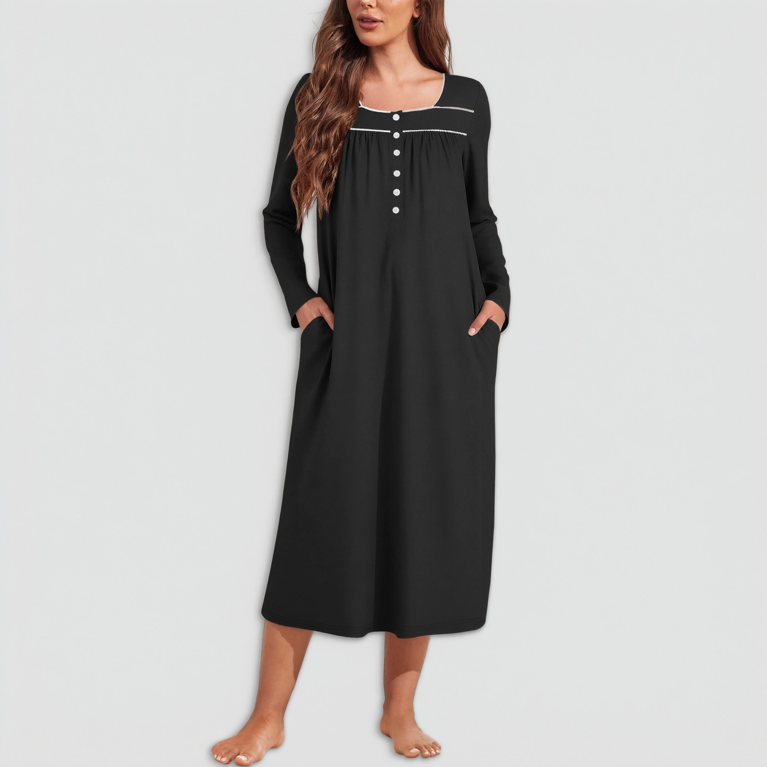 Ekouaer Womens Christmas Nightgown Long Sleeve Nightgowns Henley Night Shirts Full Length