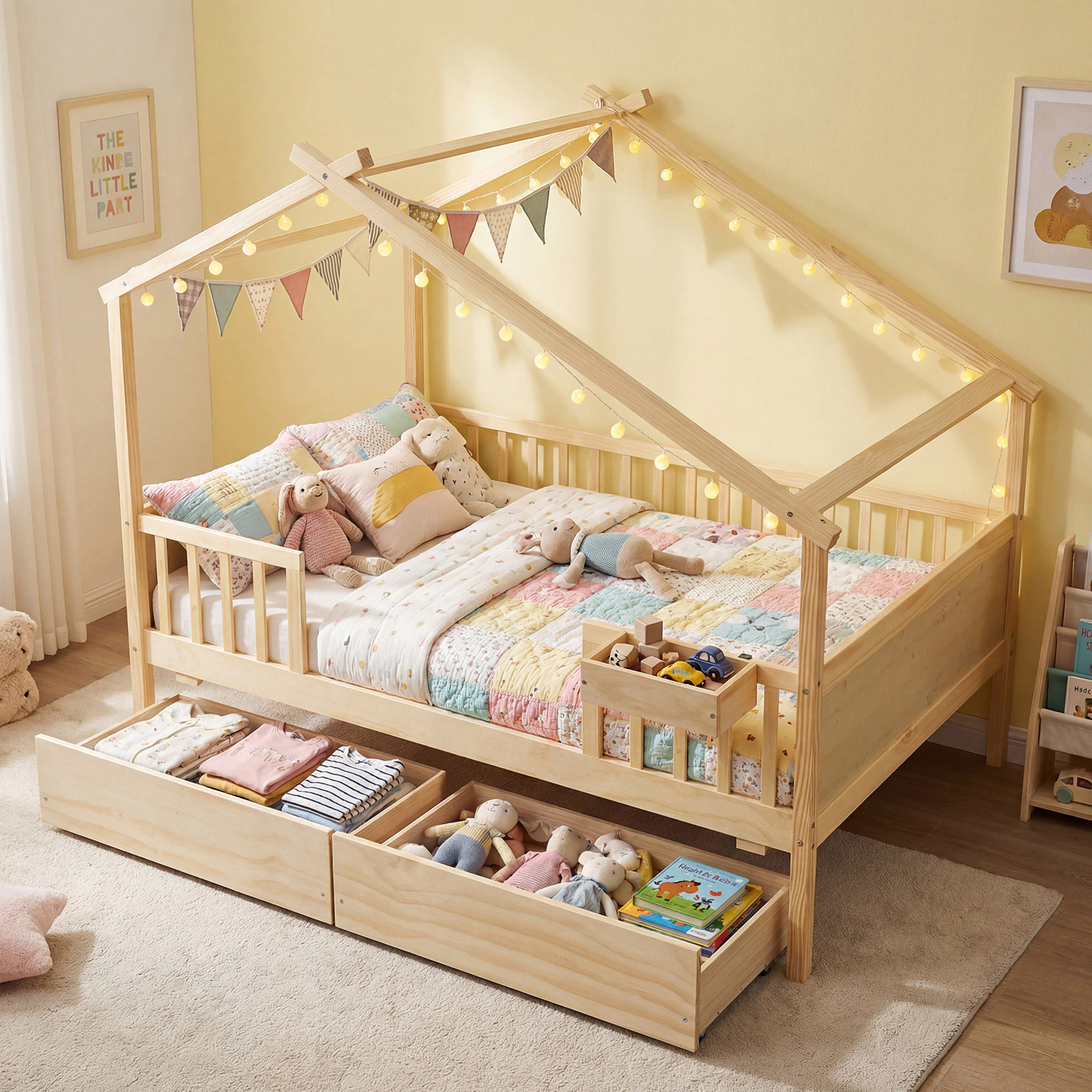 LJG Full House Bed with Roof and Fence Rails for Kid