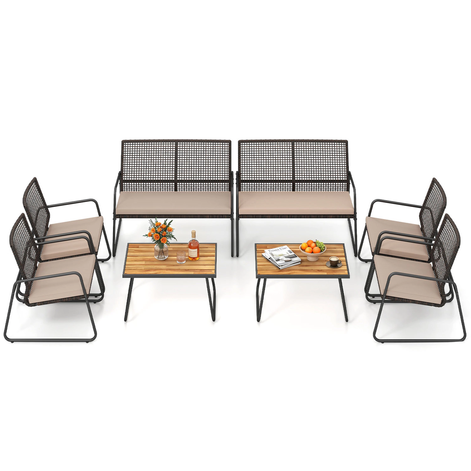 LJG 8 Pieces Patio Furniture Set with Acacia Wood Coffee Table and Zippered Cushions