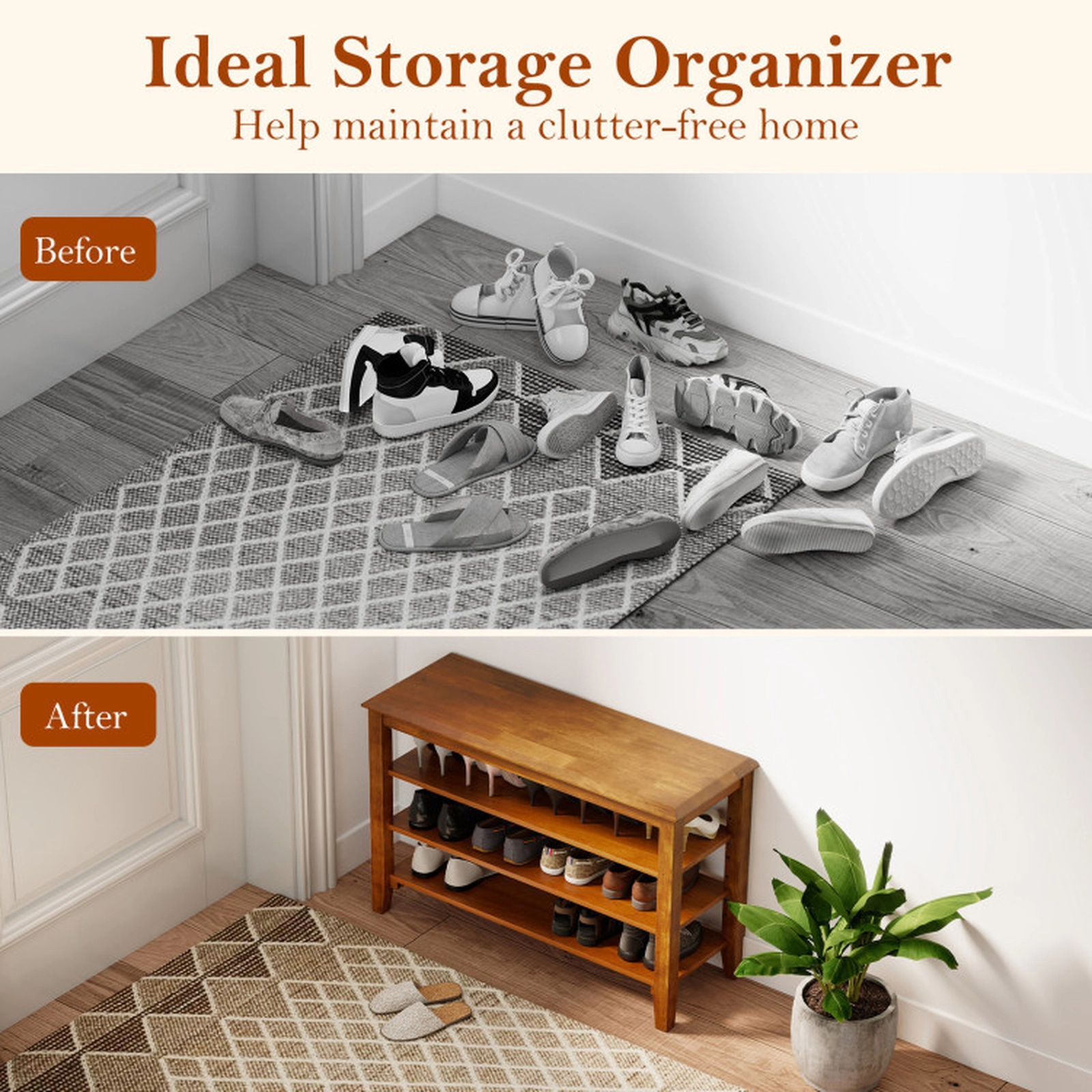 SUGIFT 3-Tier Brown 31.5-in Shoe Rack Bench with Adjustable Shelves for Entryway Storage and Seating