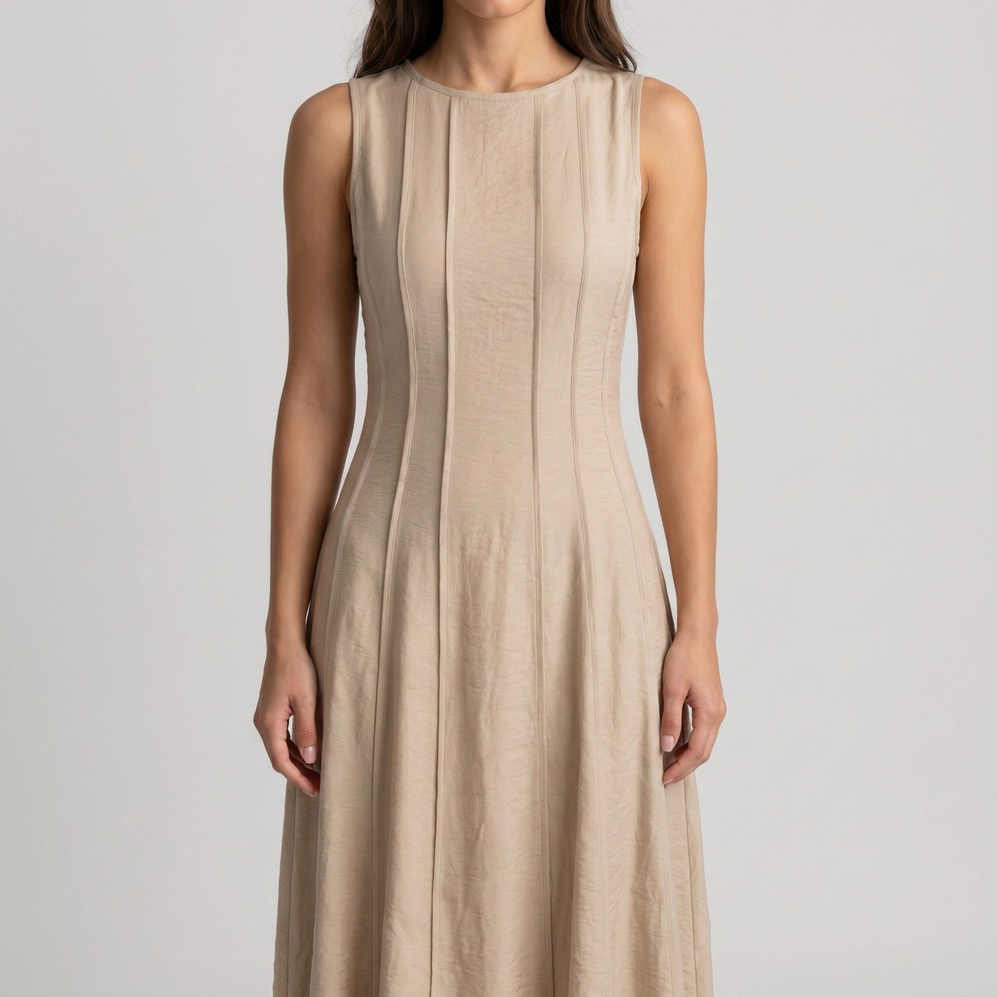 Anna-Kaci Women's Sleeveless Round Neck Panel Seam Fitted A-Line Skirt Woven Drape Maxi Dress