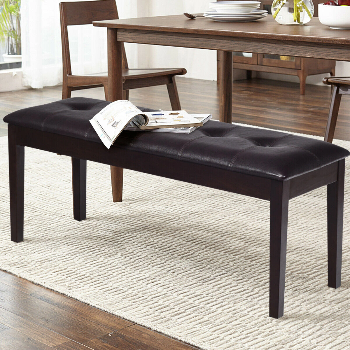 SlickBlue Unisex Upholstered Dining Bench, Brown PU Leather Entryway Seat