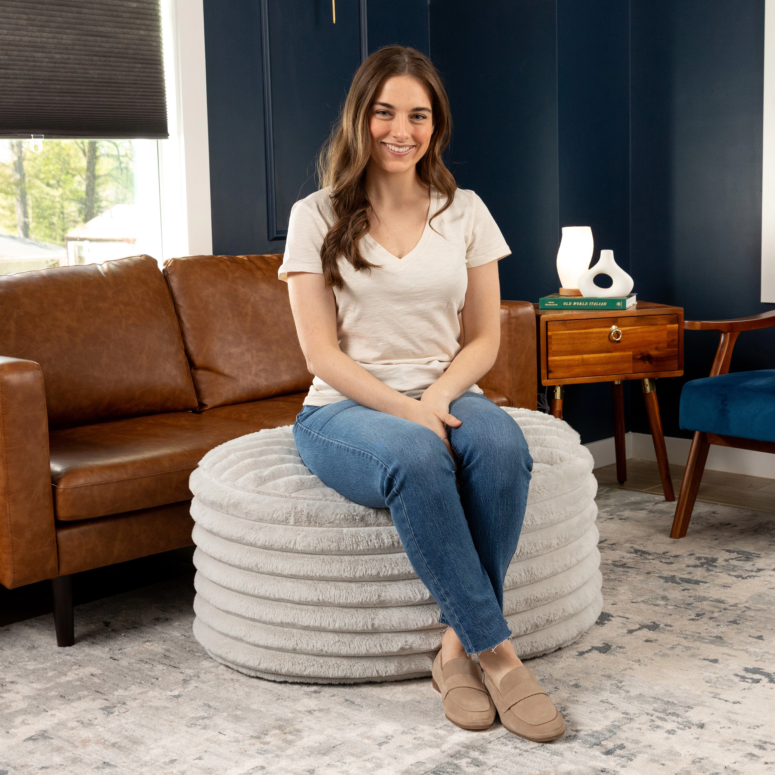Jaxx Paran Accent Pouf - Fluffy Faux Fur Ottoman for Modern Interior Design