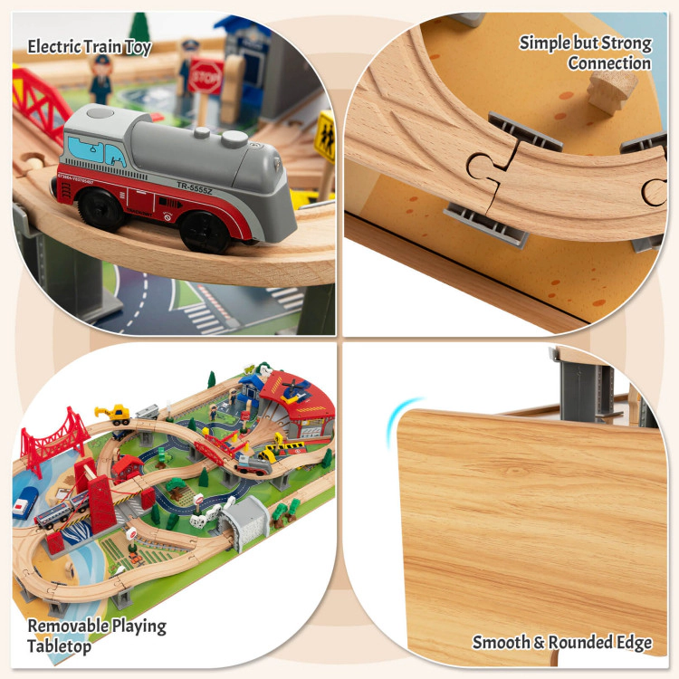 SUGIFT 100-Piece Double-Sided Wooden Train Set Activity Table with Storage Drawer for Kids Age 3+ Natural