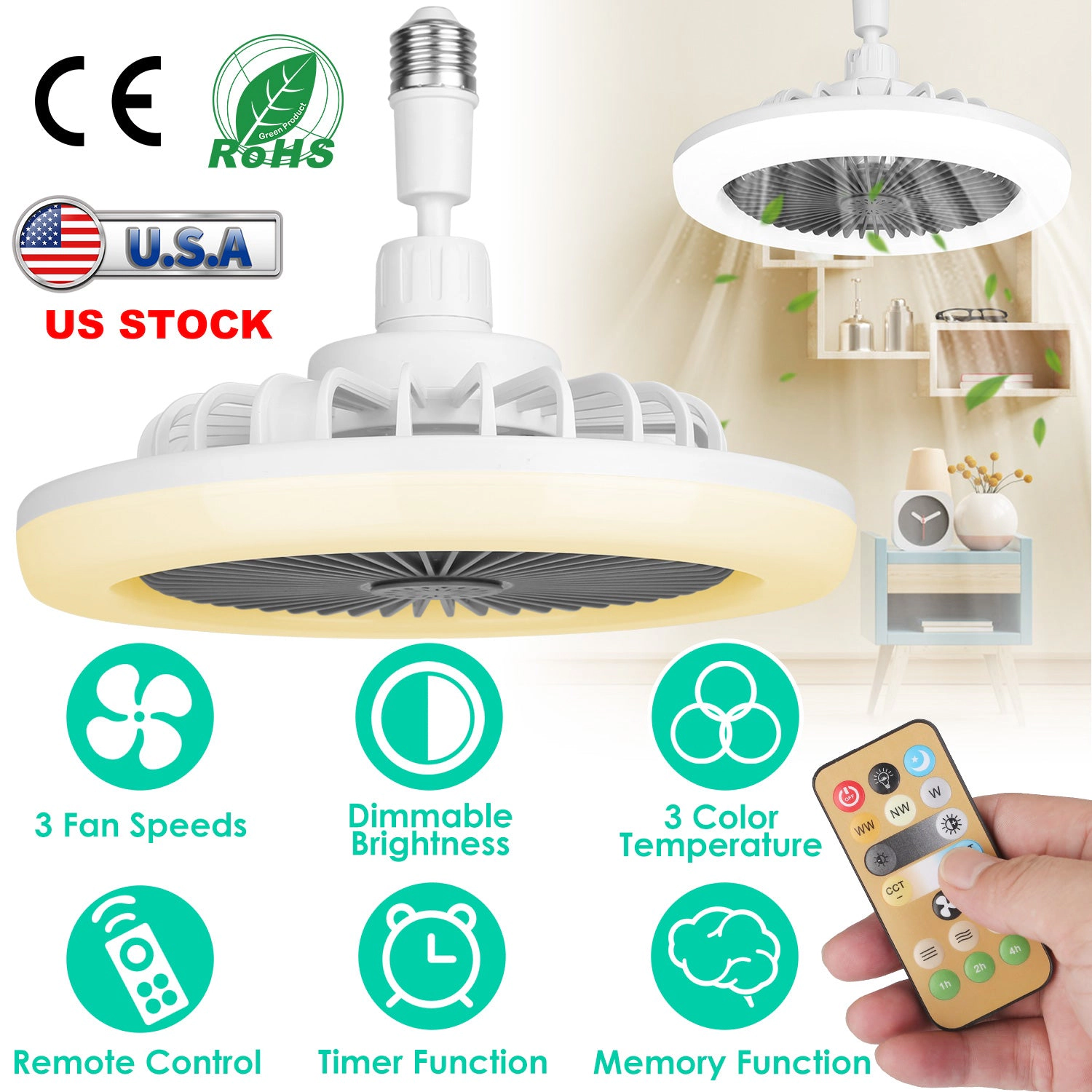 GBruno Dimmable Socket Ceiling Fan With Remote
