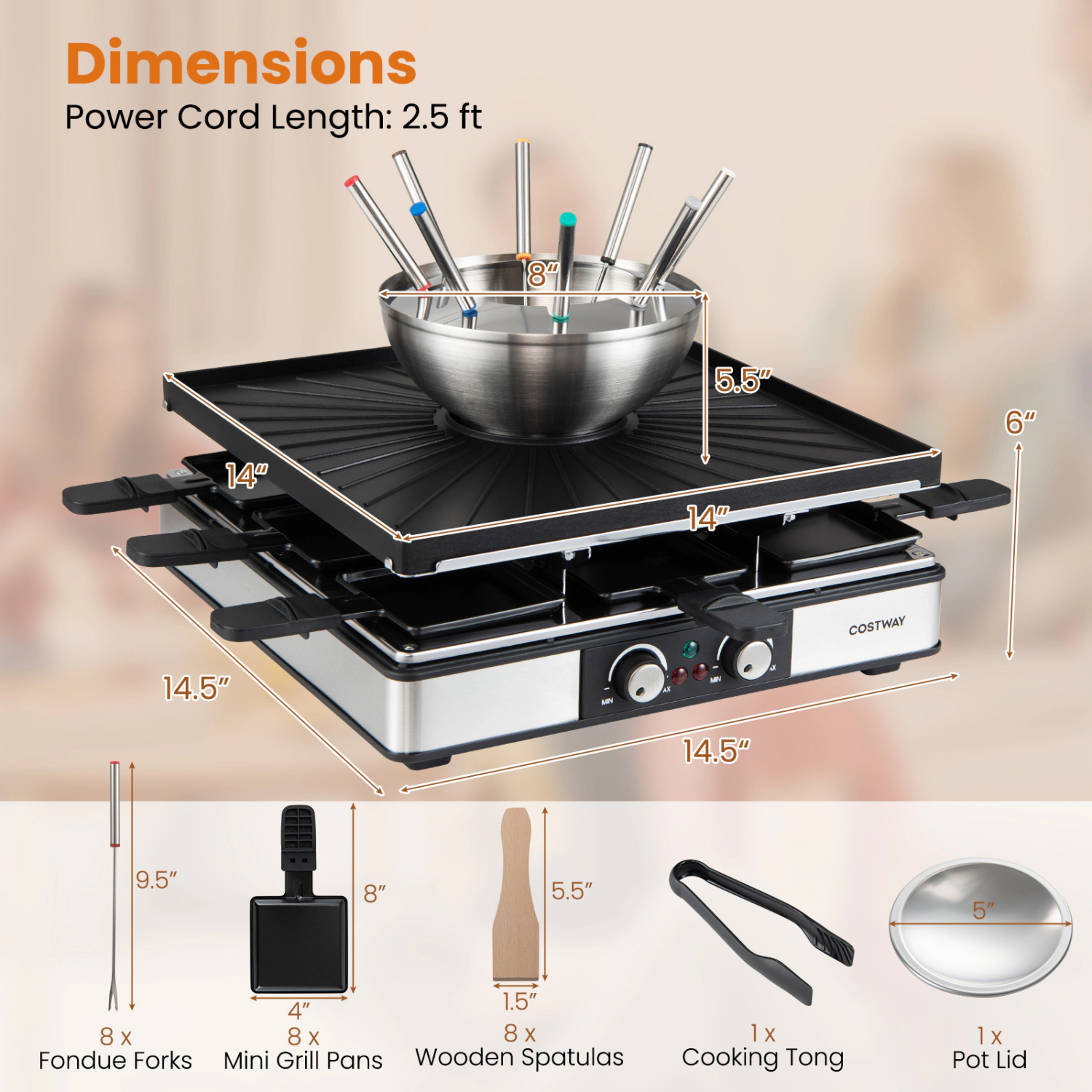 LJG BBQ Grill with Fondue Pot Set and Adjustable Thermostats for 8 People