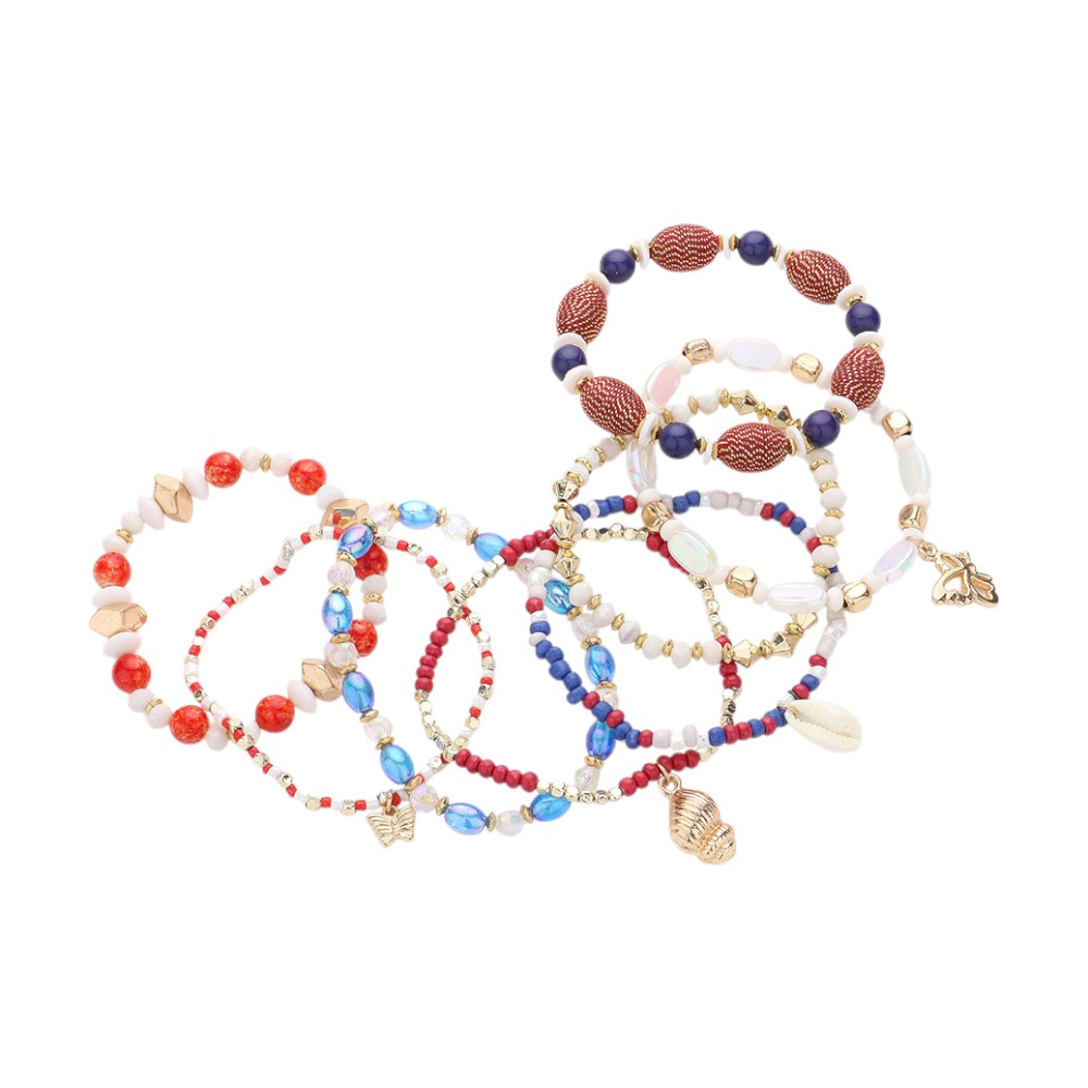 FASHNZFAB 8PCS Charm Pointed Various Beads Beaded Stretch Multi Layered Bracelet