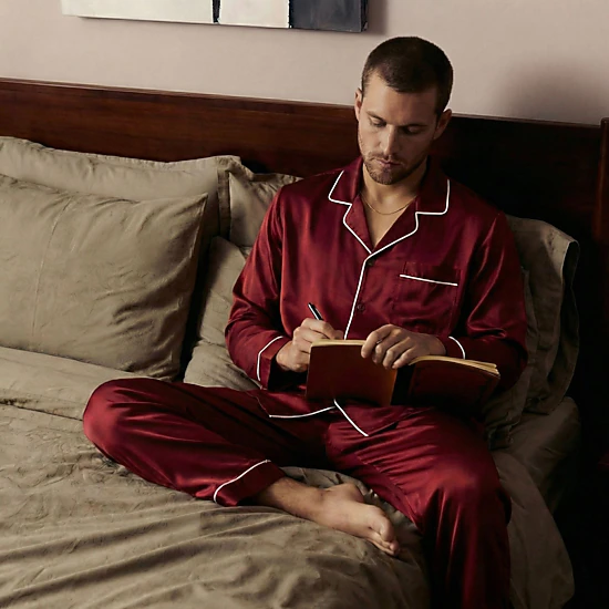 Anna-Kaci Men's 2-Piece Satin Pajamas with Contrast Piping and Button Up Top