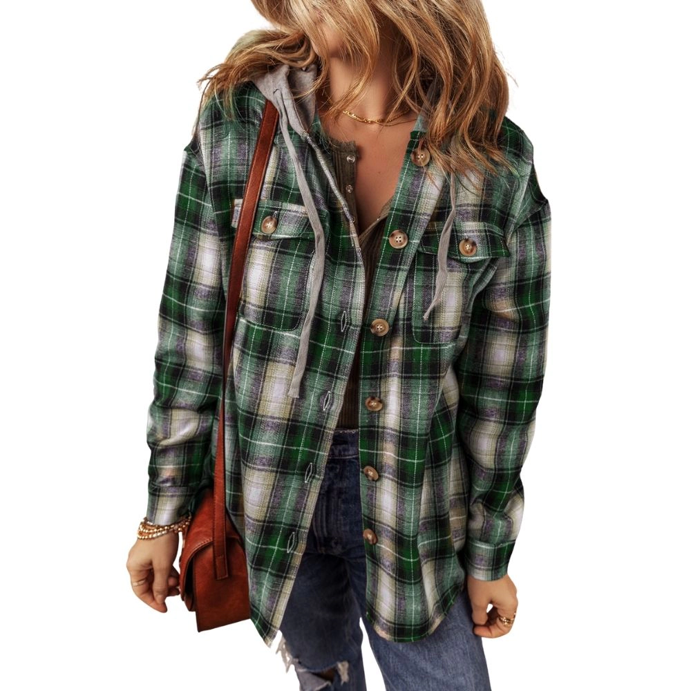 Sol Living Womens Plaid Print Chest Pocket Buttoned Hooded Shacket