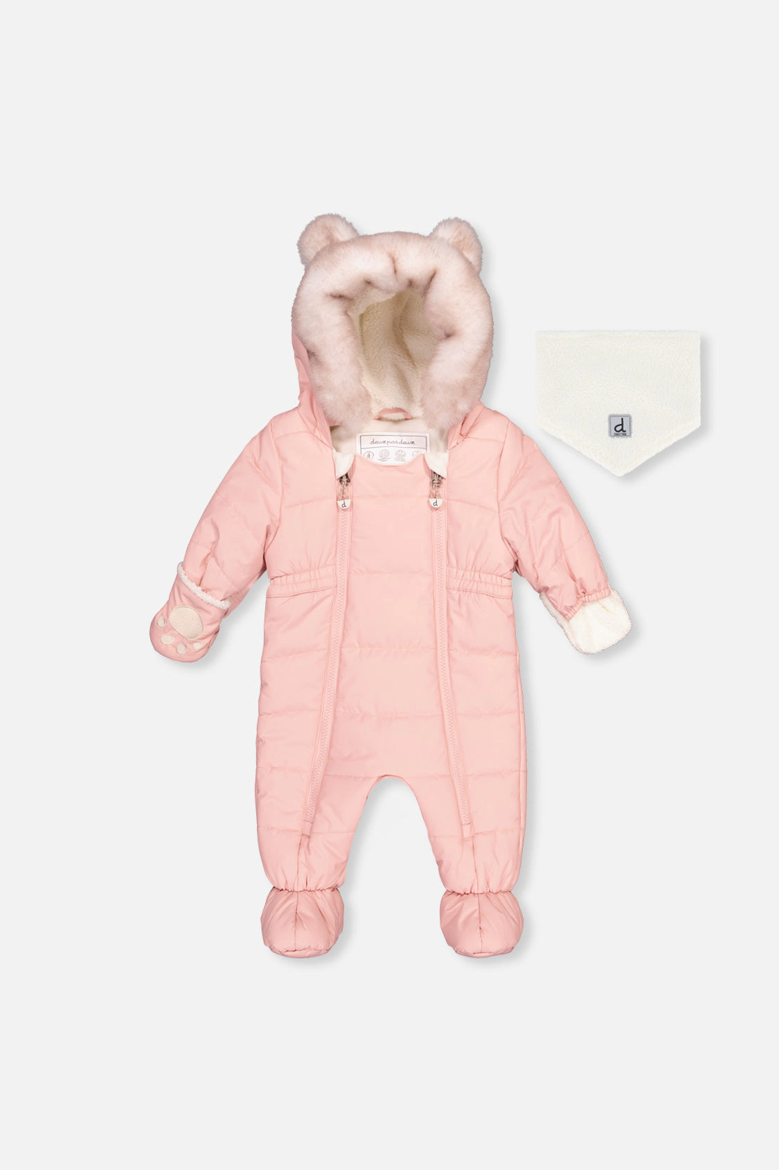 Deux par Girls Quilted One Piece Snowsuit for Car Seats with Bear-Ear Hood