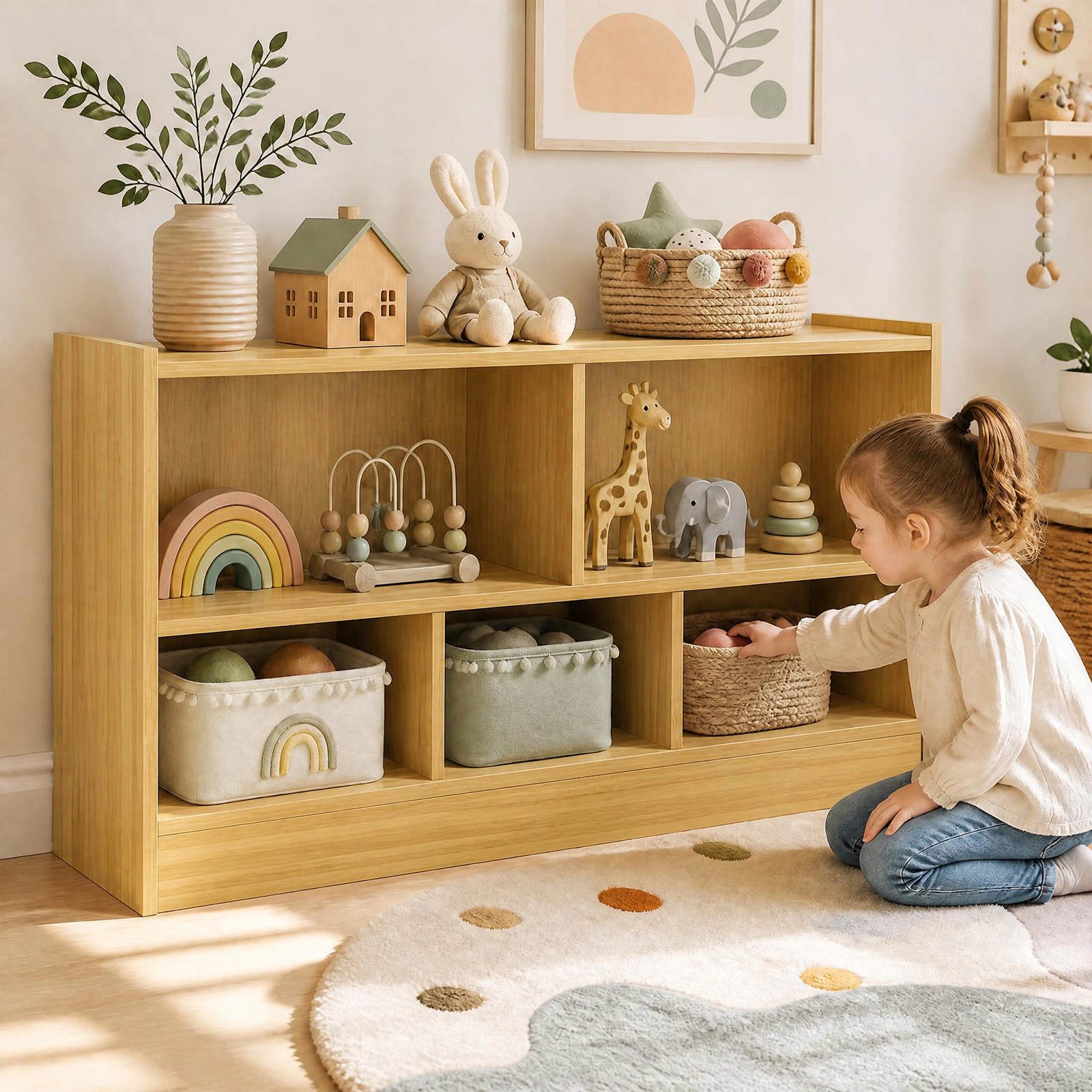 Costway Kids 2-Shelf Bookcase 5-Cube Wood Toy Storage Cabinet Organizer