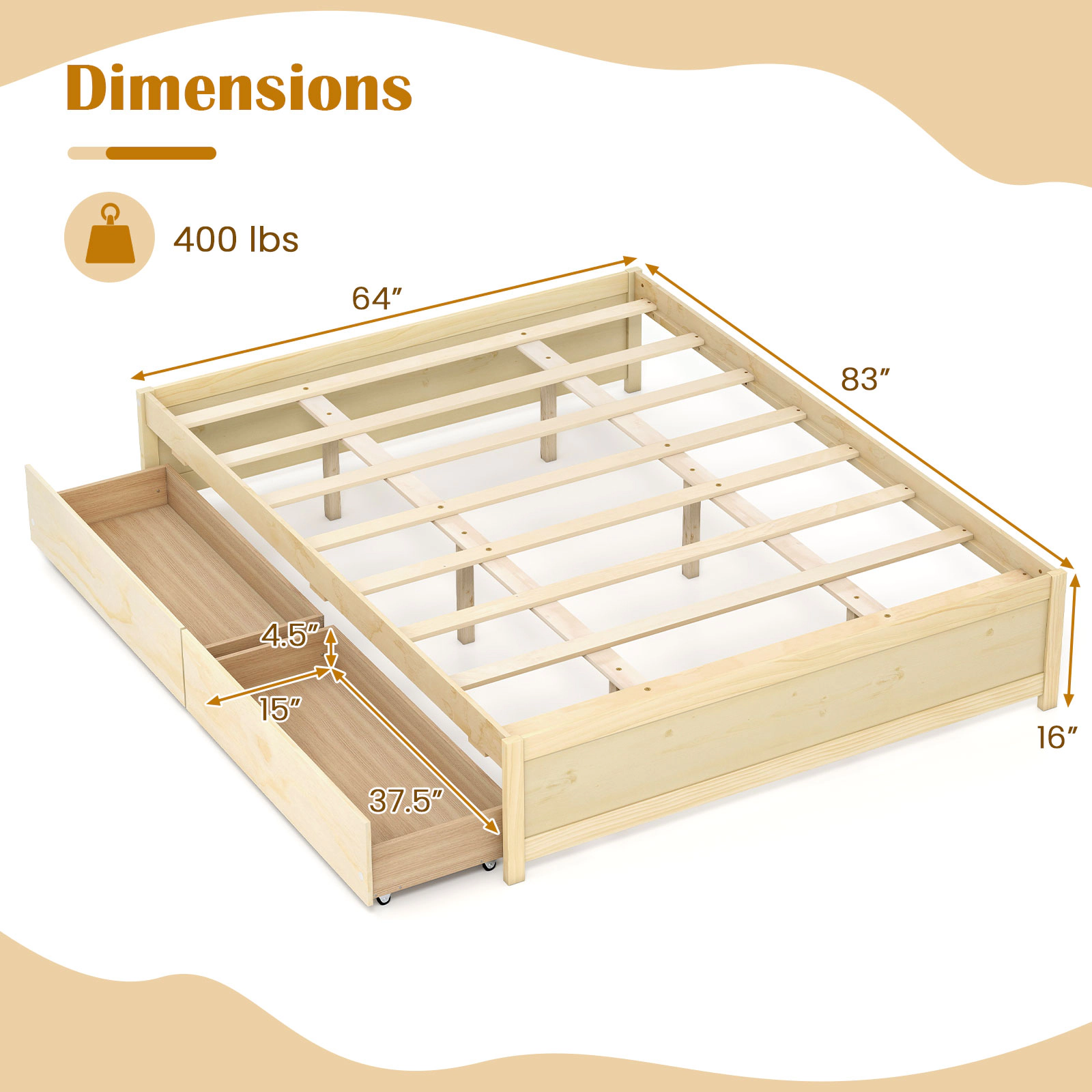 SUGIFT Queen Size Bed Frame with 2 Rolling Storage Drawers 300-lb Capacity 83-in Long Natural/White