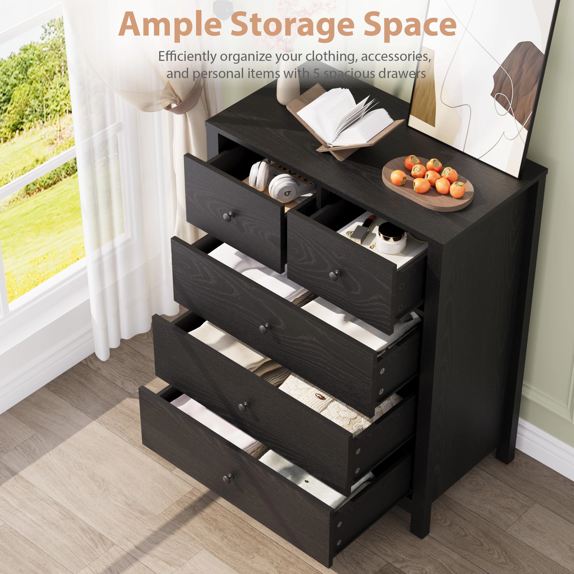 5 Drawer Modern Dresser with Metal Knobs, 37" Tall Wooden Storage Chest for Bedroom Hallway Entryway
