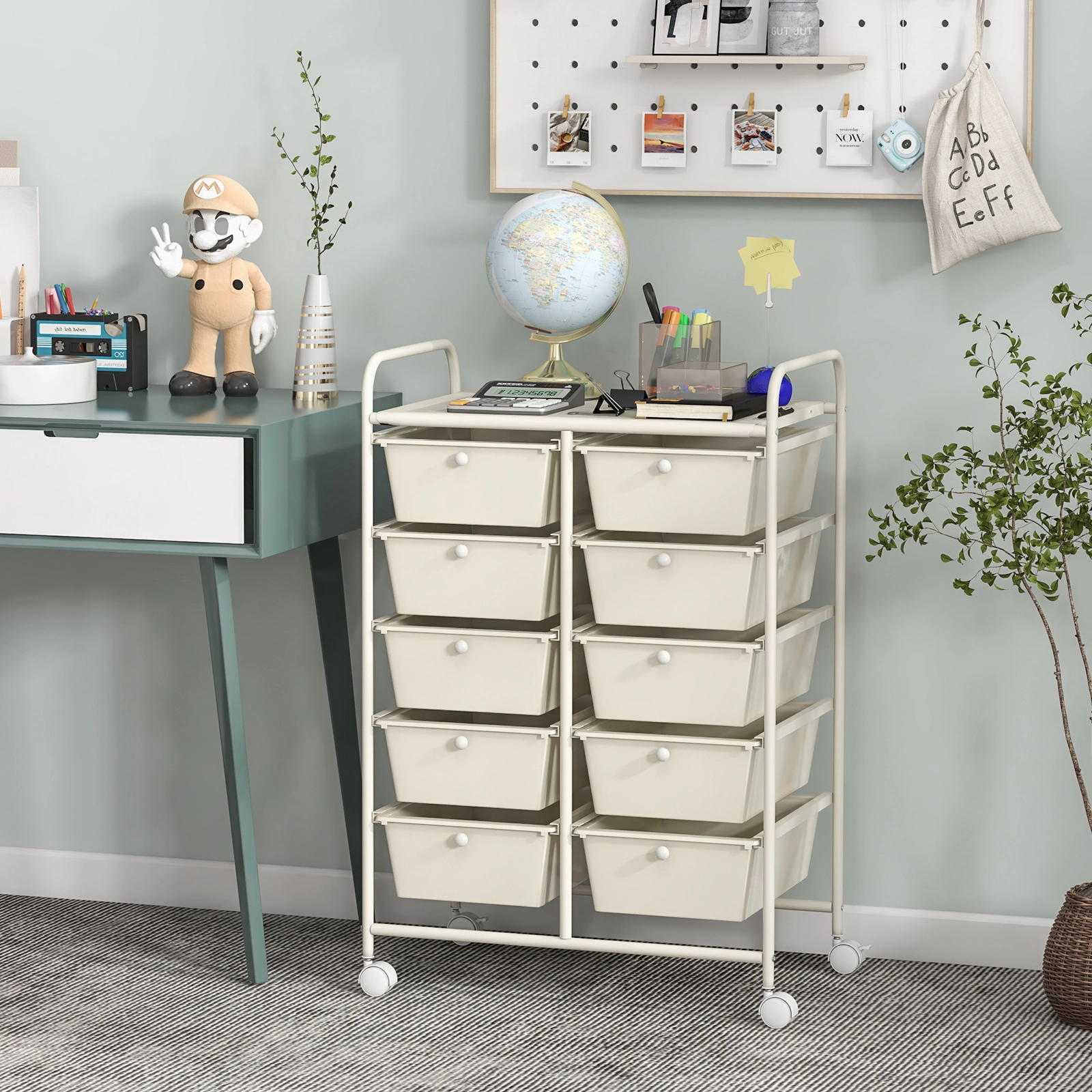 SUGIFT White 10-Drawer Rolling Storage Cart with Uniform 5-in Deep Drawers 26-in W 14.5-in D 34-in H