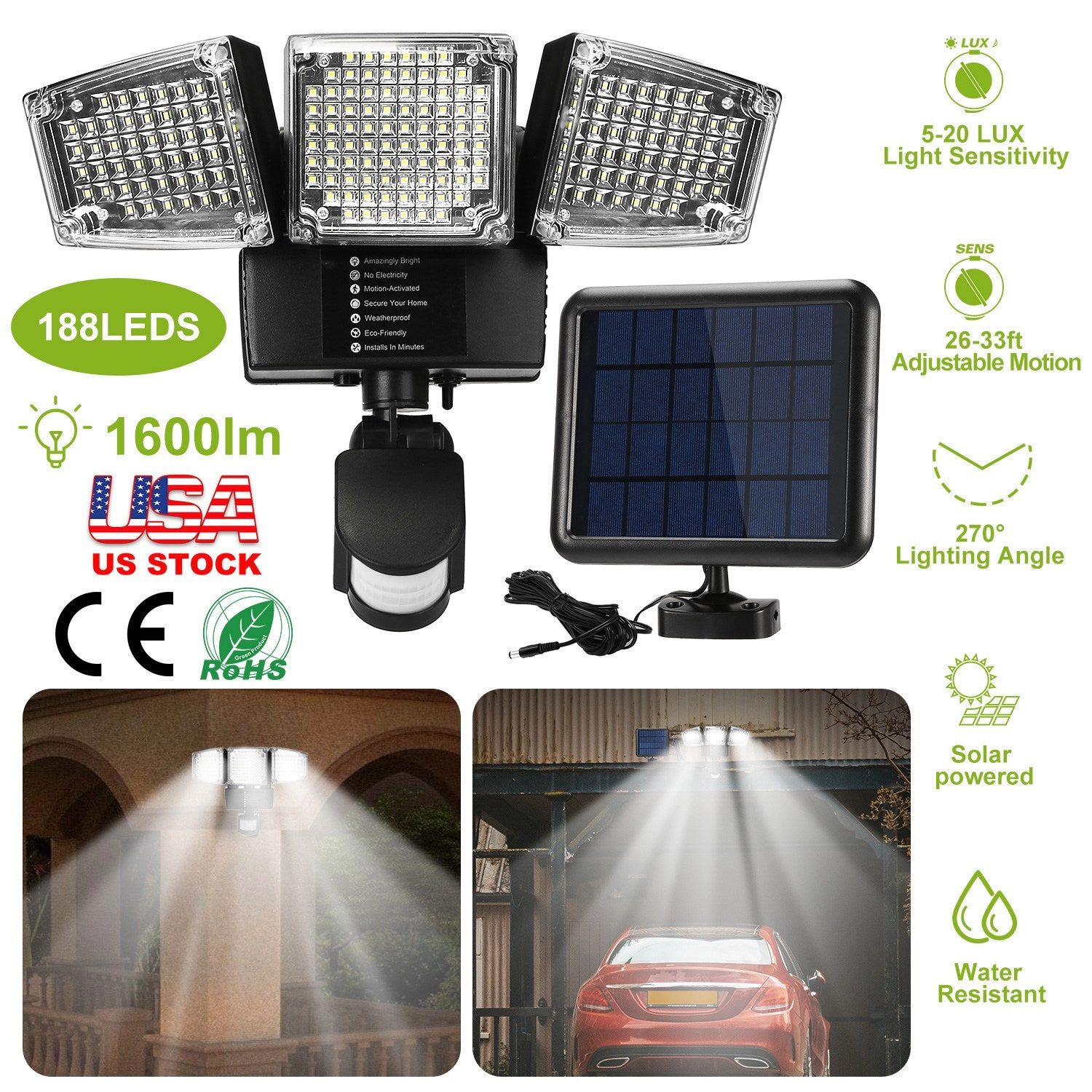 GBruno 188-LED Solar Motion Sensor Security Light