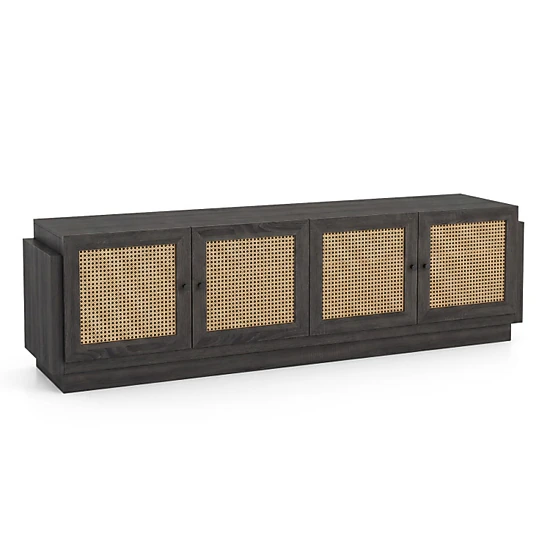SUGIFT Farmhouse TV Stand with PE Rattan Doors and Adjustable Shelves for TVs up to 75 in 220-lb Tabletop Capacity Black