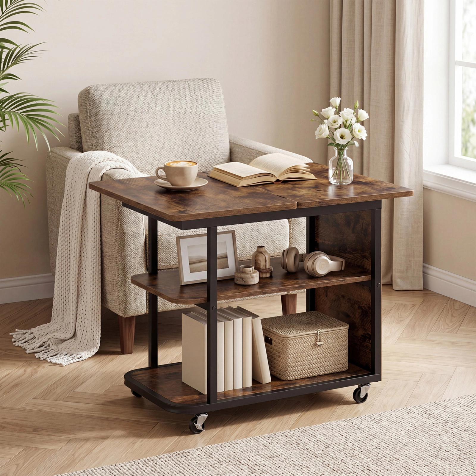SUGIFT Mobile Nightstand Rustic Brown with 360 Degree Swivel Foldable Top and 2 Shelves