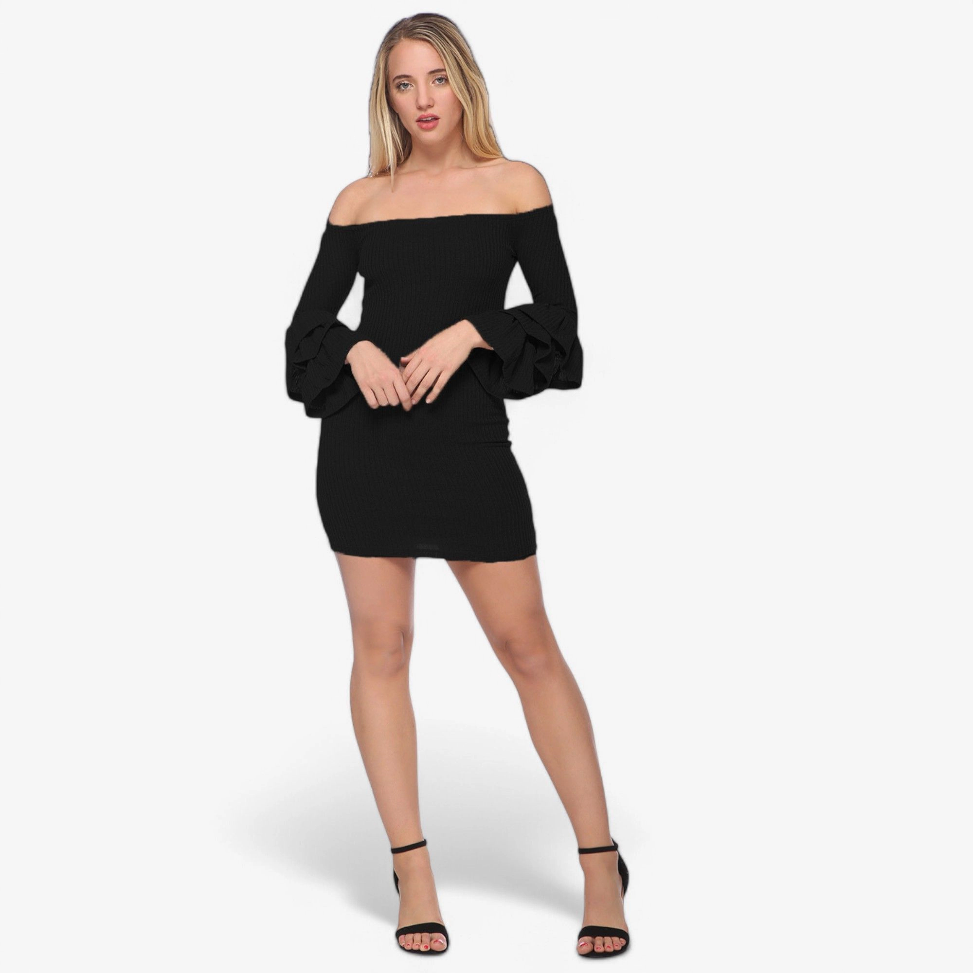 Anna-Kaci Women's Off-Shoulder Bodycon Dress with Tiered Ruffle Long Sleeves
