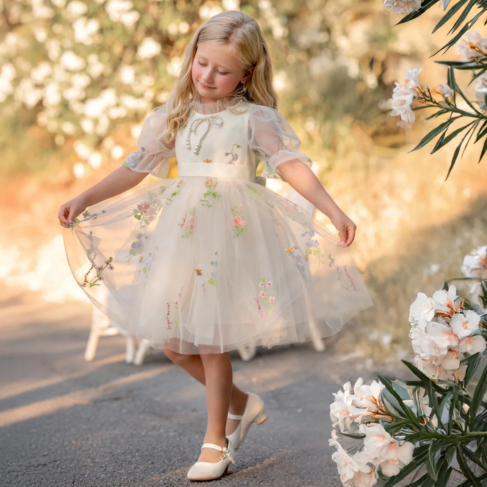 Faeella Enchanted Bloom Embroidered Ivory Flower Girl Dress