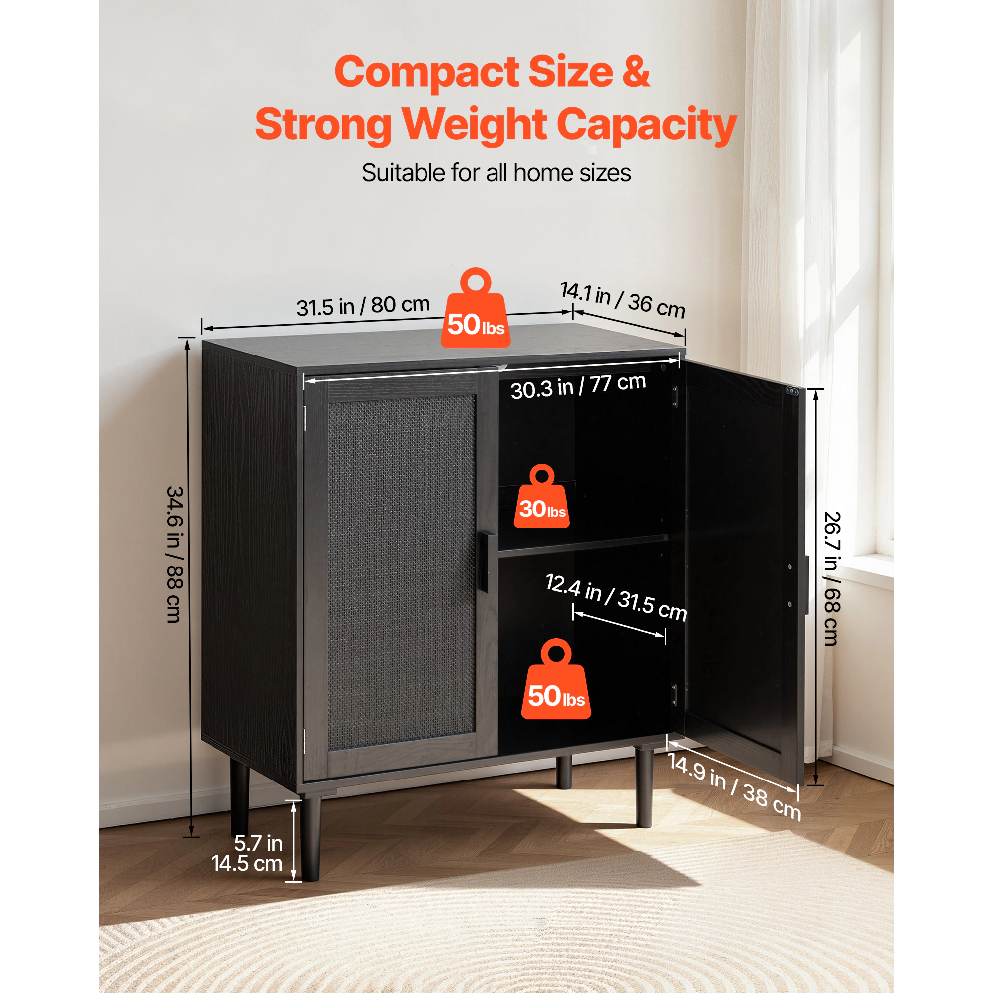 HONGGE Rattan Cabinet Rattan Storage Cabinet with 2 Magnetic Doors and Adjustable Shelves Accent Sideboard Buffet with