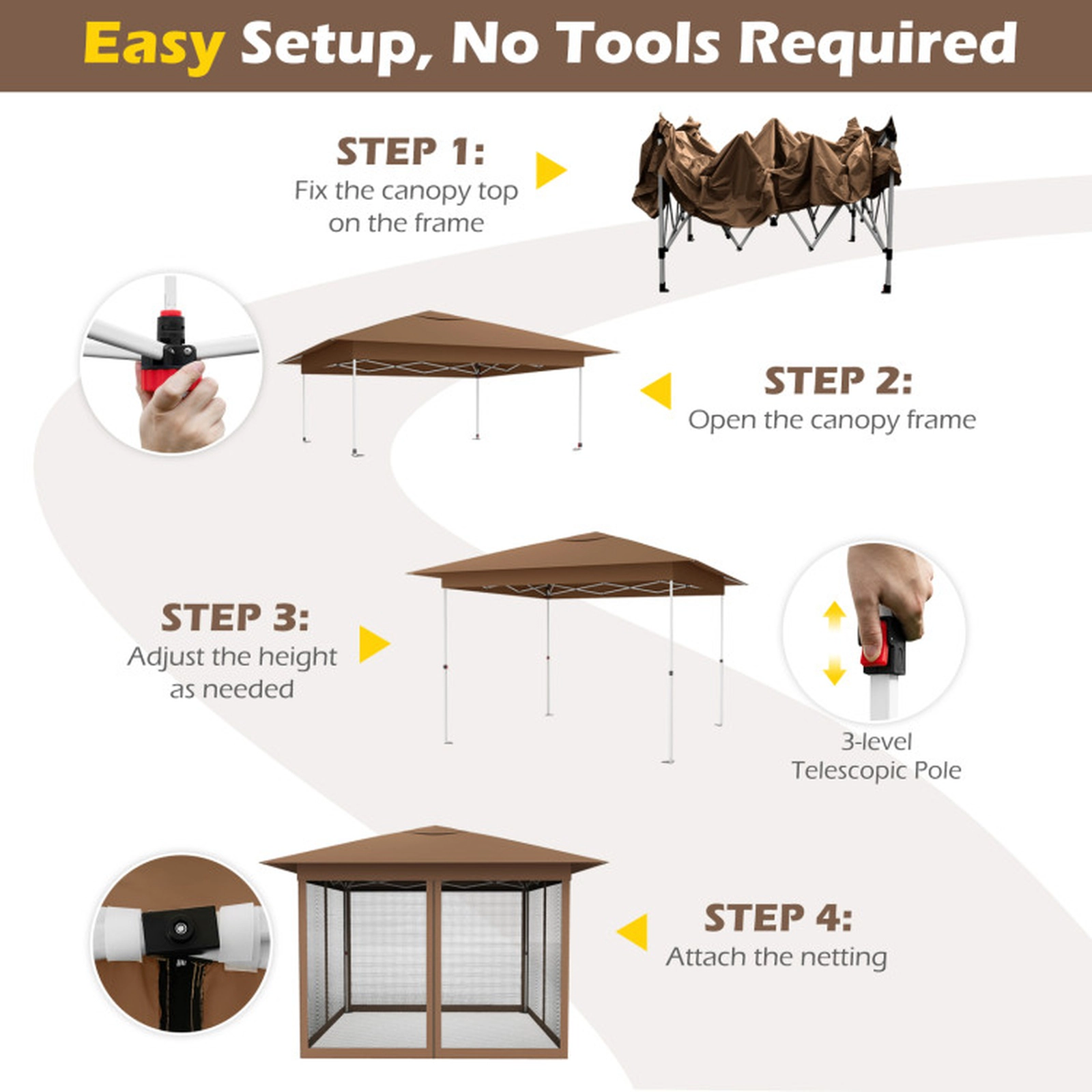 SUGIFT Brown Instant Pop Up Canopy Tent with Mesh Screen Netting and 8 Ground Stakes 11.5-ft W 11.5-ft D 8.8-ft H
