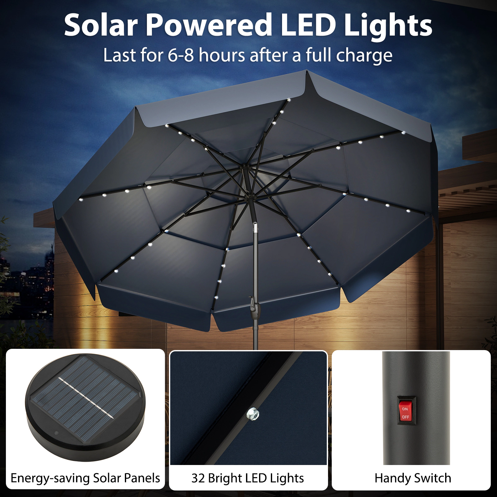 SUGIFT Navy 10 ft Solar Patio Umbrella with 3-Tier Vented Top and Auto Tilt