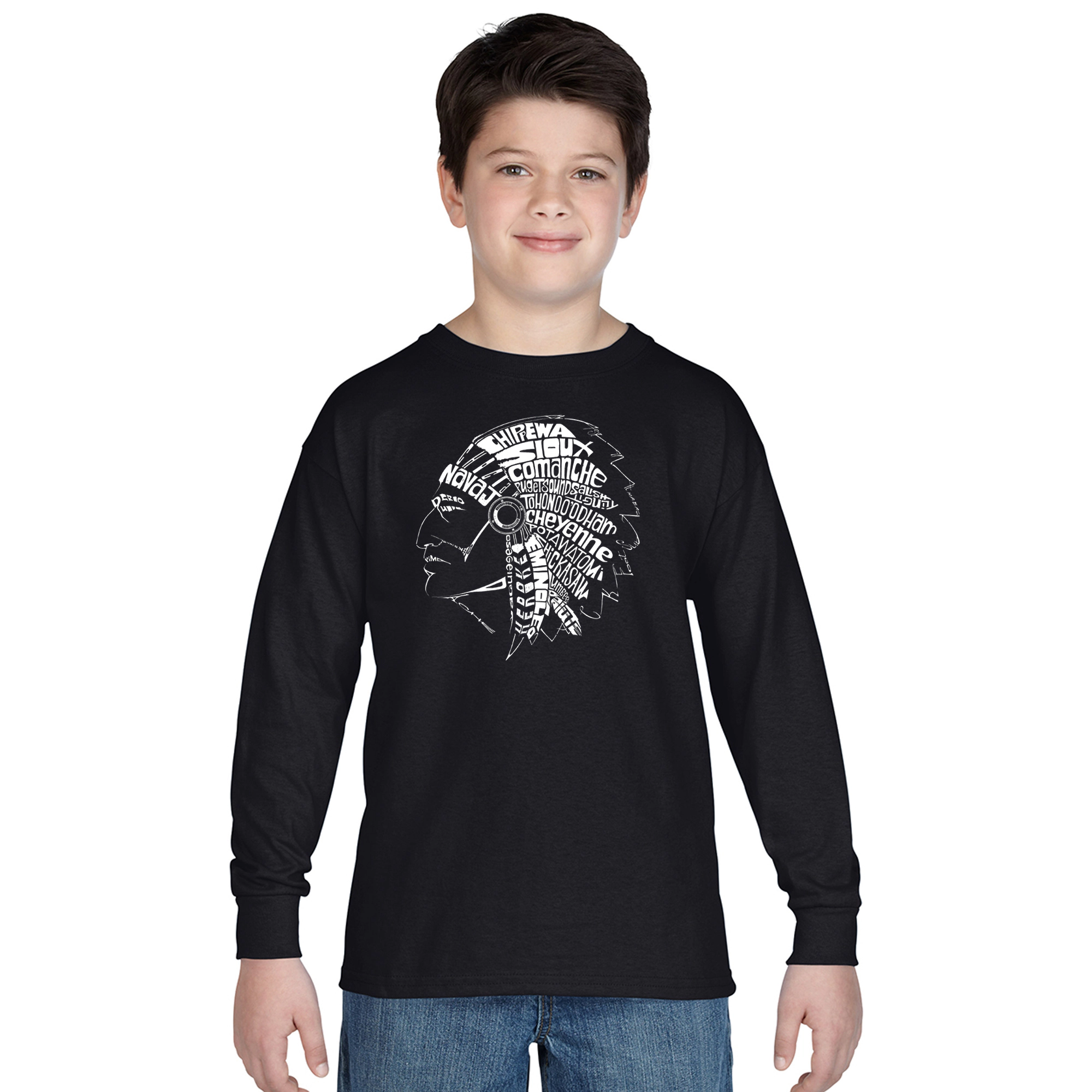 LA Pop Art Boys Long Sleeve T-Shirt -  POPULAR NATIVE AMERICAN INDIAN TRIBES