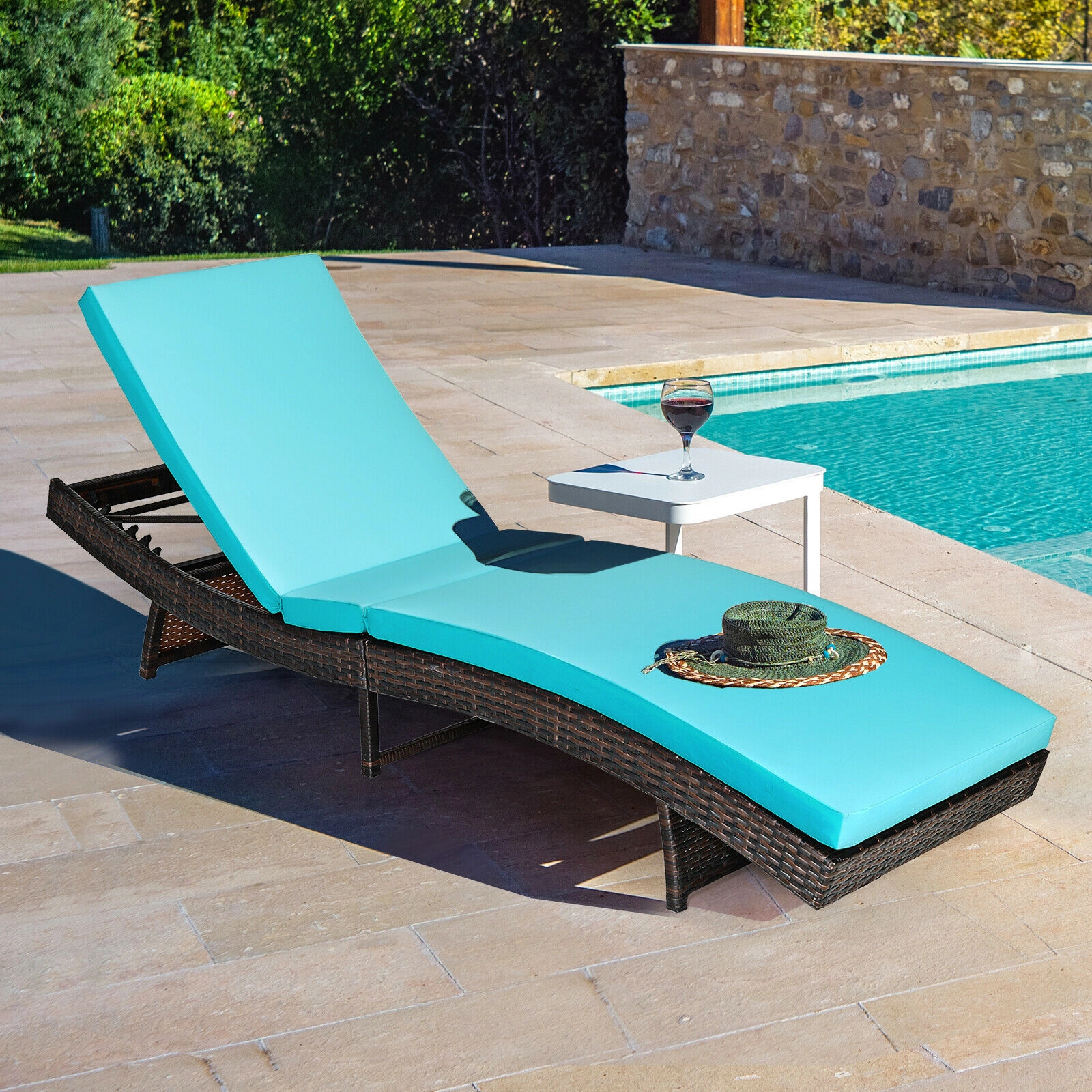 SUGIFT Folding Adjustable Chaise Lounge Chair with Cushion 400-Lb Capacity 5-Position Backrest White/Blue Turquoise